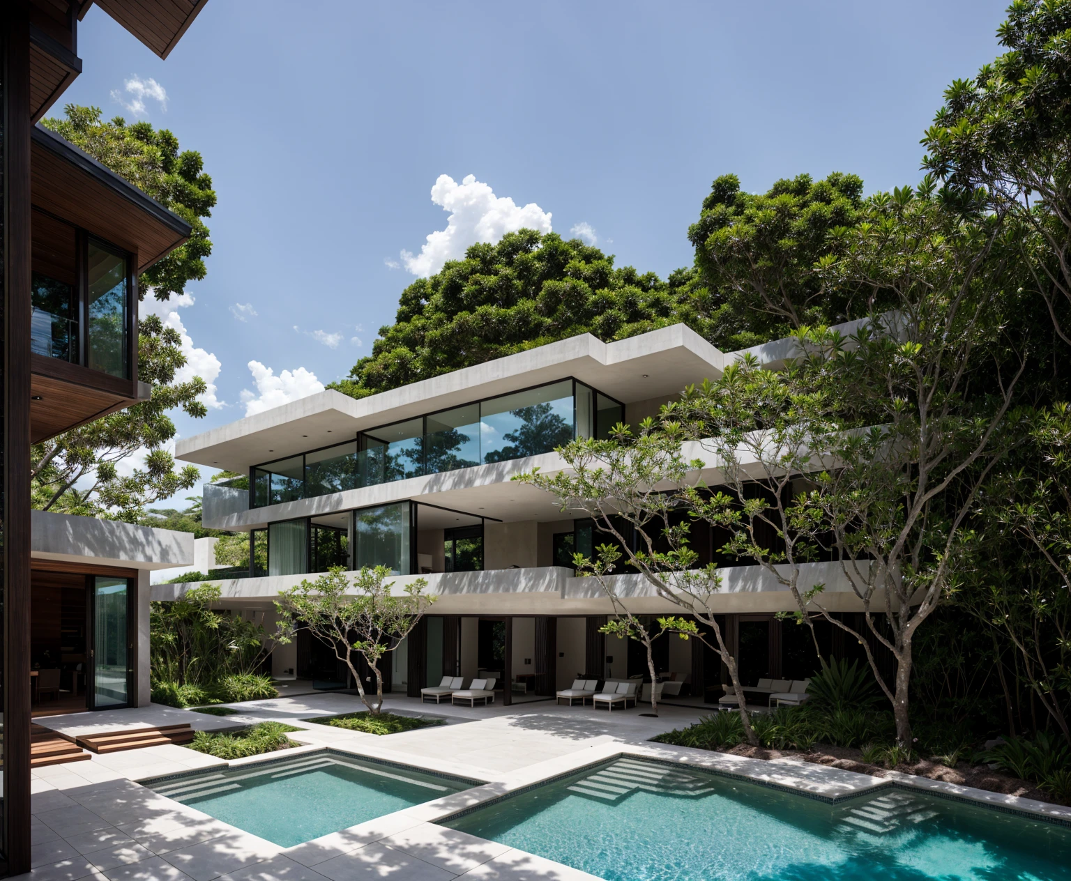 A wide angle shot shows the front view of a contemporary two-story villa with white walls and glass windows, design by Tadao ando,surrounded by lush greenery. It features an outdoor pool area overlooking the ocean at natural light. Stone pathways lead to multiple pools within the yard, adorned with vibrant tropical plants,architecture photography award, iwan baan, Taken on a Canon EOS R5 using a Canon RF 24-70mm f/2.8L IS USM lens at an F3.2 aperture setting in the style of Canon --ar 16:9 --c 5 --s 50 --v 6.0