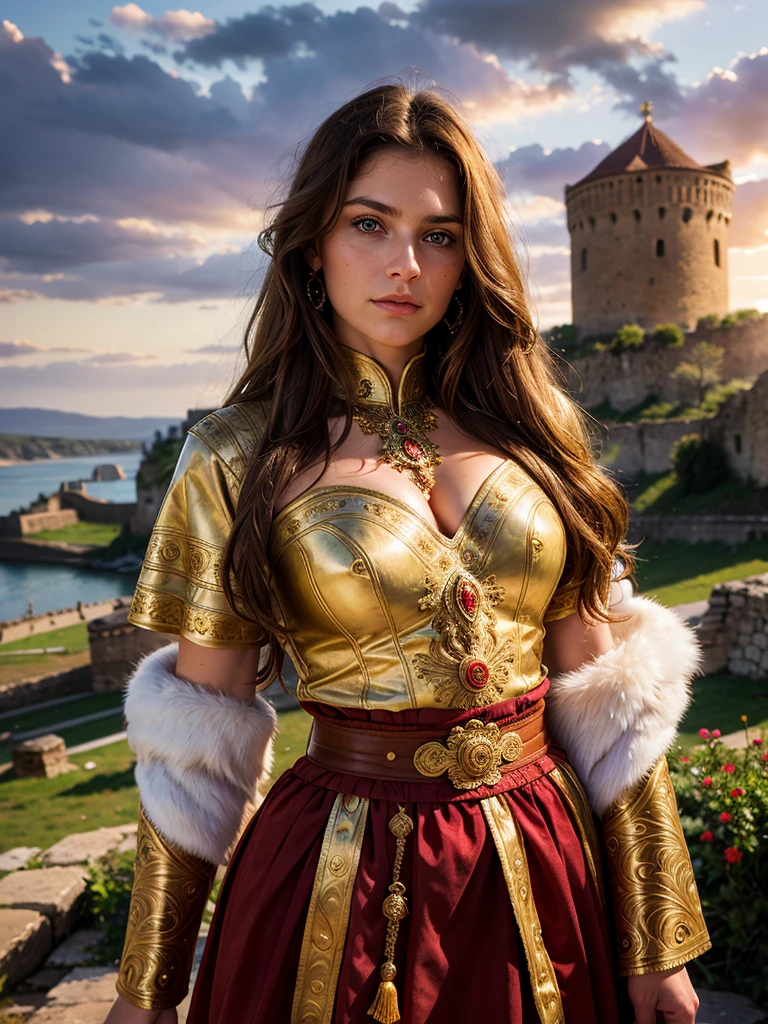 Magnificent portrait, photorealism, Ancient Russian hero, Woman, long hair,  brown eyes, wrinkles on the face, strong face, (national costume of the ancient Russian warrior, cleavage)), looking at the viewer, (against the background of an ancient fortress), cloudy sky  , sunset, depth of field, bokeh
