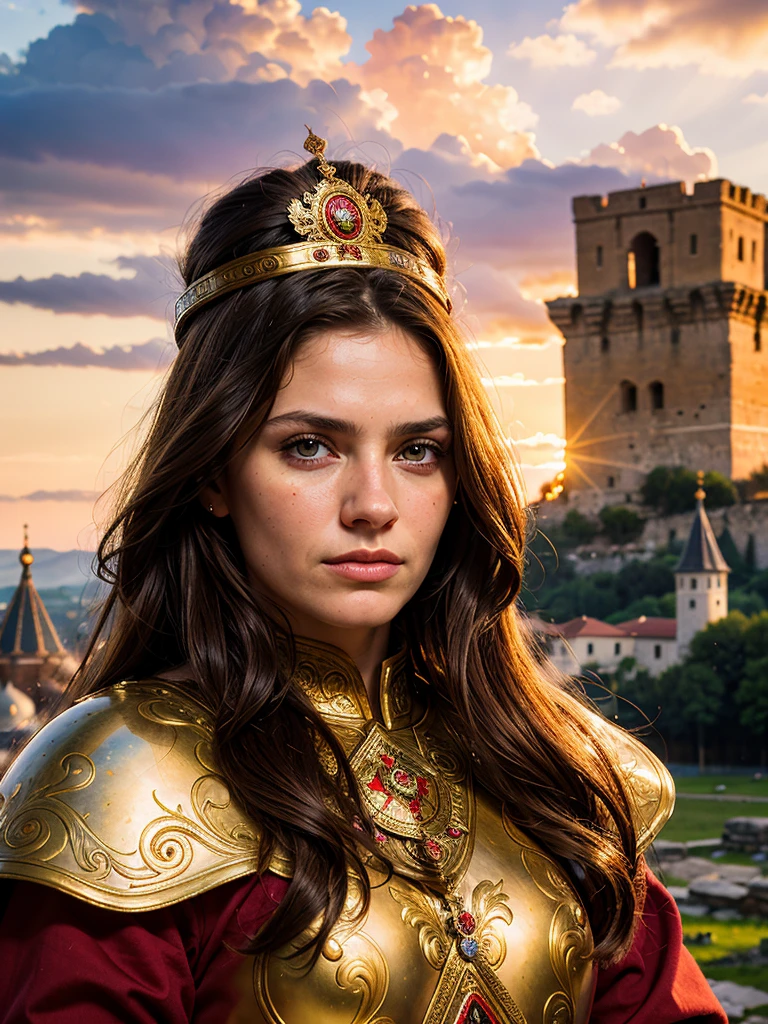 Magnificent portrait, photorealism, Ancient Russian hero, Woman, long hair, brown eyes, wrinkles on the face, strong face, (national costume of the ancient Russian warrior)), looking at the viewer, (against the background of an ancient fortress), cloudy sky , sunset, depth of field, bokeh