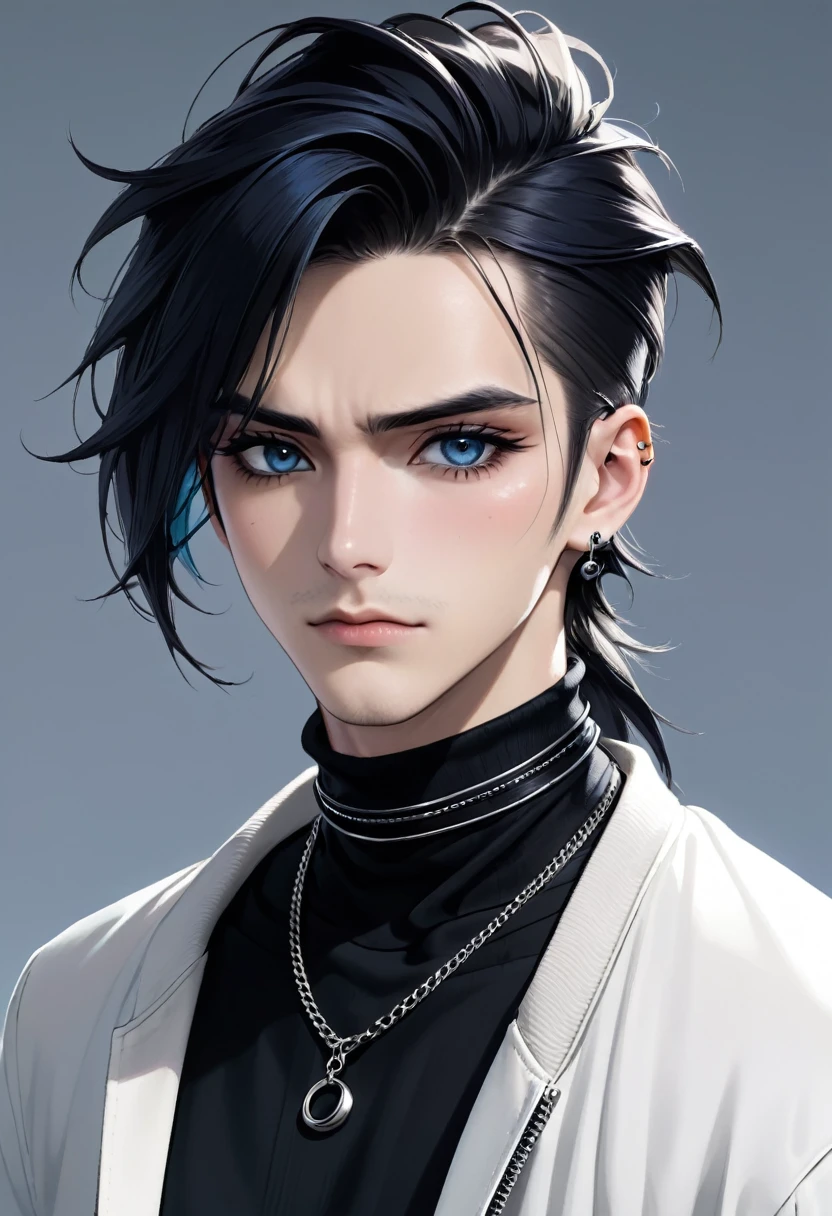 Guy Height 160, His medium-length hair is pulled back into a low ponytail., one strand falls on the face. He usually wears a black T-shirt under an open white jacket with the sleeves rolled up, grayish blue trousers and black boots. He also wears several accessories, such as black bracelets, Dark eyeliner, black choker that covers the scar on his neck, and two spiral piercings in each ear. He can almost always be seen looking tired / gloomy expression. Doesn&#39;t interact much with others. Looks like a girl