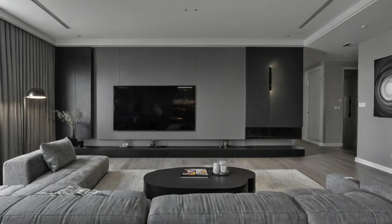 Render a striking modern living room with a sleek design, primarily using MDF furniture in black and gray tones. The room features a contemporary sectional sofa in charcoal gray, complemented by a minimalist black coffee table. The walls are painted in a muted gray, with an accent wall showcasing textured black MDF panels. Modern recessed ceiling lights provide ambient illumination, enhanced by sleek floor lamps. The flooring is a dark, matte finish, adding to the sophisticated aesthetic. A large flat-screen TV is mounted on a custom black MDF entertainment unit, and abstract art pieces in monochrome tones adorn the walls. The room is spacious, with a clean, uncluttered look and subtle pops of metallic accents for added interest.
8k resolution, UHD, high-quality detail, modern living room, sleek design, MDF furniture, black and gray tones, contemporary sectional sofa, charcoal gray, minimalist black coffee table, muted gray walls, textured black MDF panels, modern recessed ceiling lights, ambient illumination, sleek floor lamps, dark matte flooring, sophisticated aesthetic, flat-screen TV, black MDF entertainment unit, abstract art, monochrome tones, spacious, clean, uncluttered look, metallic accents.