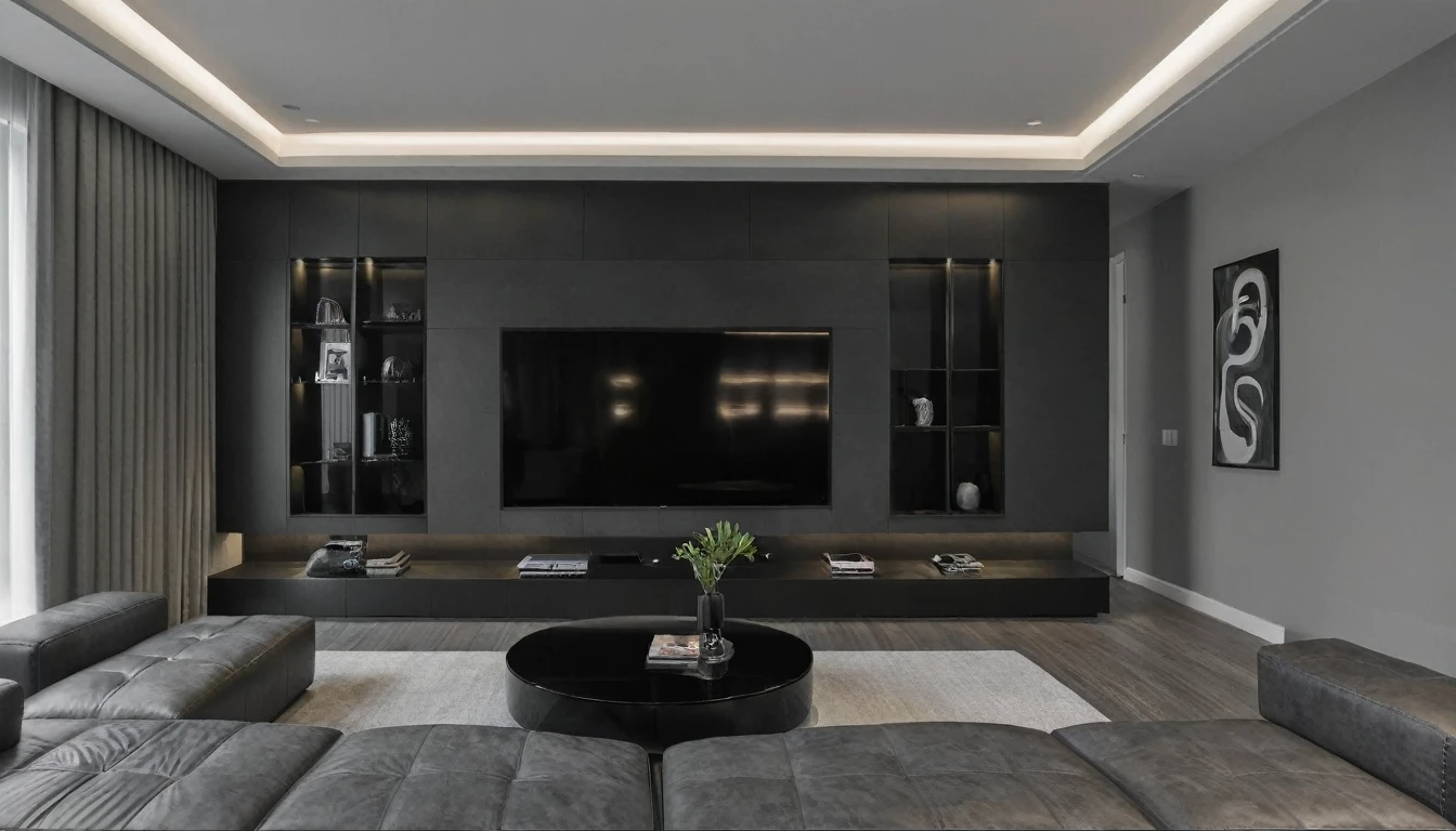 Render a striking modern living room with a sleek design, primarily using MDF furniture in black and gray tones. The room features a contemporary sectional sofa in charcoal gray, complemented by a minimalist black coffee table. The walls are painted in a muted gray, with an accent wall showcasing textured black MDF panels. Modern recessed ceiling lights provide ambient illumination, enhanced by sleek floor lamps. The flooring is a dark, matte finish, adding to the sophisticated aesthetic. A large flat-screen TV is mounted on a custom black MDF entertainment unit, and abstract art pieces in monochrome tones adorn the walls. The room is spacious, with a clean, uncluttered look and subtle pops of metallic accents for added interest.
8k resolution, UHD, high-quality detail, modern living room, sleek design, MDF furniture, black and gray tones, contemporary sectional sofa, charcoal gray, minimalist black coffee table, muted gray walls, textured black MDF panels, modern recessed ceiling lights, ambient illumination, sleek floor lamps, dark matte flooring, sophisticated aesthetic, flat-screen TV, black MDF entertainment unit, abstract art, monochrome tones, spacious, clean, uncluttered look, metallic accents.