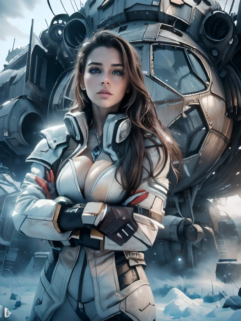 (masterpiece,ultra detailed,8k,photorealistic,cinematic lighting,dramatic lighting),(apocalyptic,snowy winter landscape),(beautiful young woman,23 years old,gorgeous european features,cleavage,long wavy brown hair,intense gaze,elegant pose),(giant futuristic spacecraft,high-tech shuttle,cold icy environment)