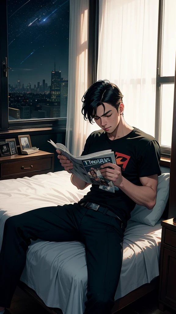 Tim Drake Robin character in the OG red/green short sleeved Neal Adams costume without cape and mask, falling asleep reading a Gotham Times newspaper in his bed, with Bruce Wayne (in his civilian clothes) looks from the window in the BG in a starry night.