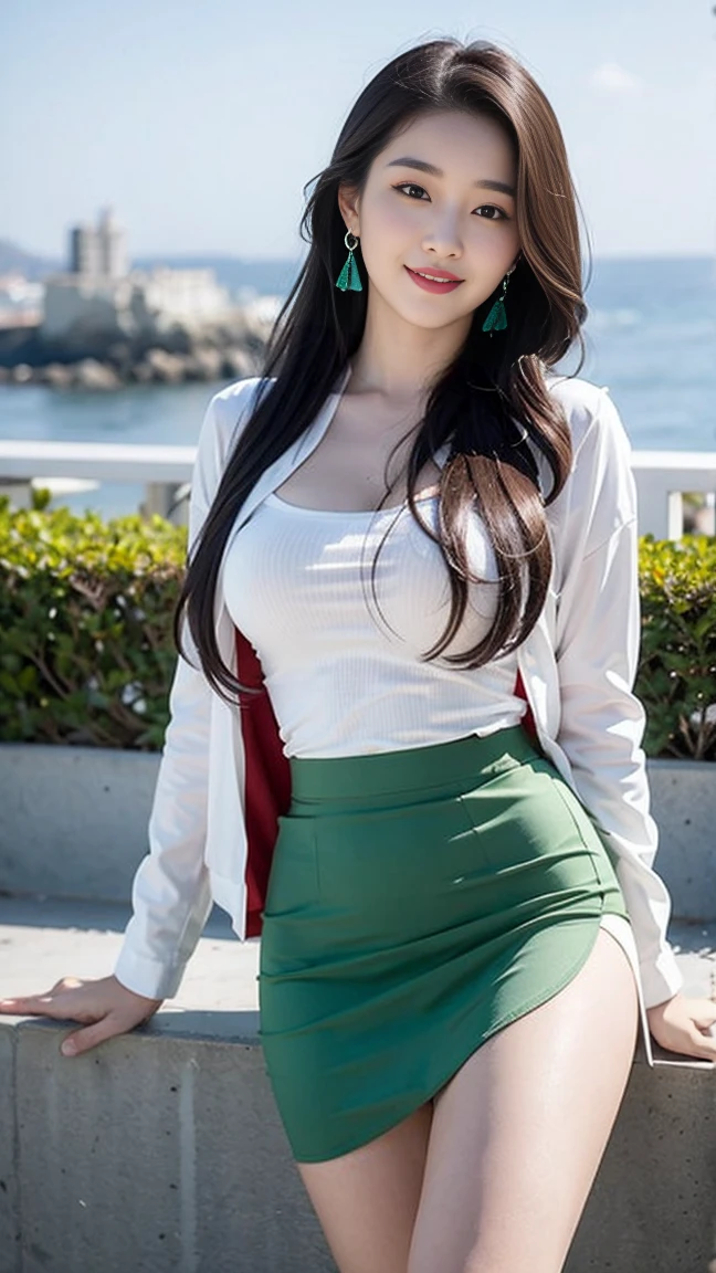 (original photo:1.2),Highest quality, Ultra-high resolution,  (1 cute korean stars,Large breast bulge) ,Slim waist, Lovely smile, Very rich facial details, Delicate lips, Delicate eyes, Double eyelids, Black long hair, Brunette God, Top-notch terrace,  Next to it is the reflected ocean, Cinematic Lenses,sparse field, Bright and cheerful atmosphere, Lovely eyes, (skirt_shirt, Cropping_jacket, wrap_skirt)