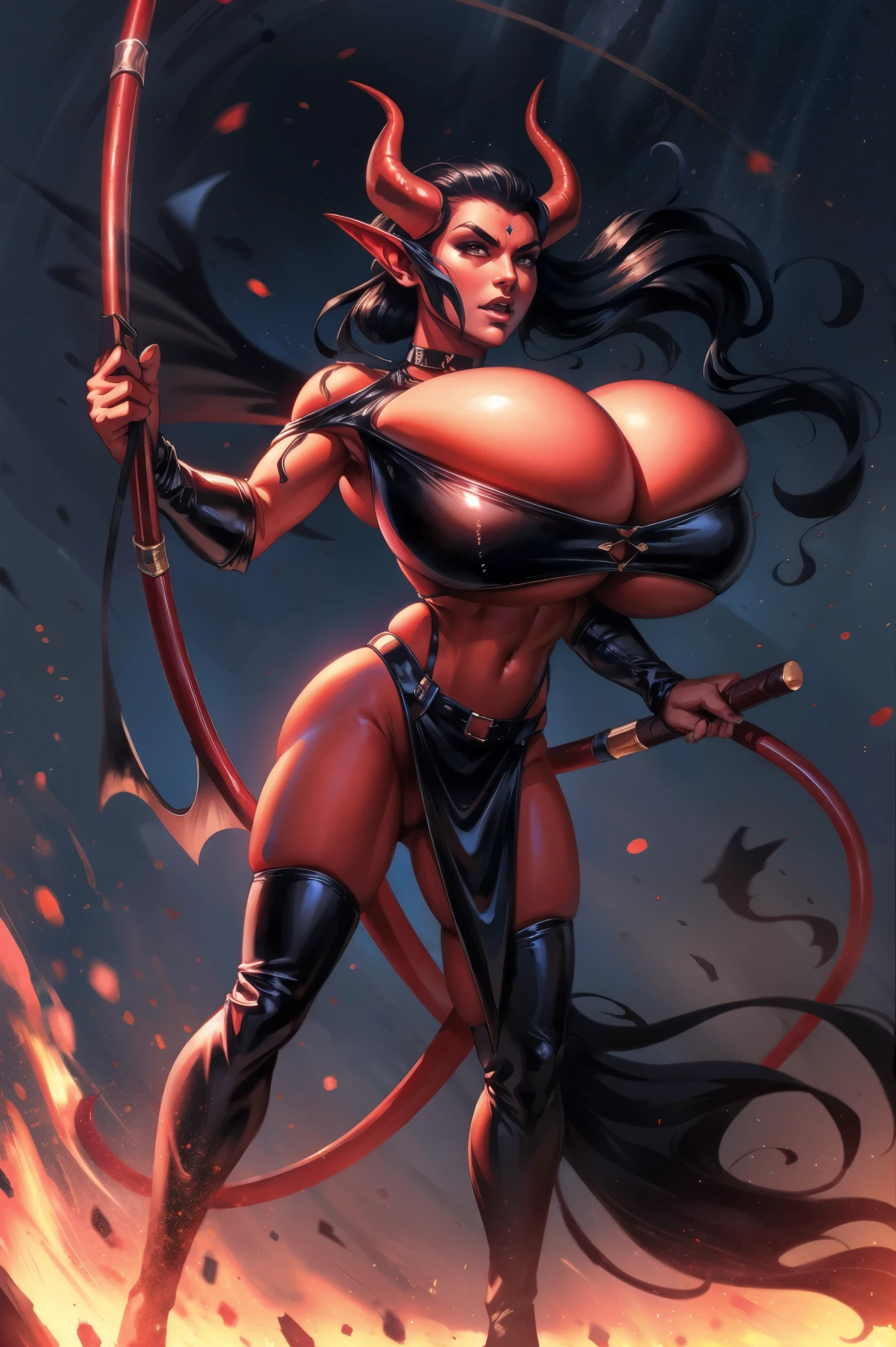 Busty Red skin succubus tiefling, large breasts, black horns, wings, huge tail, black leather, crop top, long flowing pelvic curtain, tall, toned, graceful, thin, long black ponytail. Action scene, whip. Dark scene, explosions, night sky.