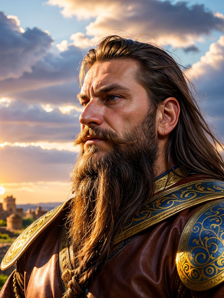 Magnificent portrait, photorealism, Ancient Russian warrior, full face, gray beard, long beard, brown eyes, wrinkles on the face, strong face, (national costume of the ancient Russian warrior)), looking at the viewer, (against the background of an ancient fortress), cloudy sky  , sunset, depth of field, bokeh