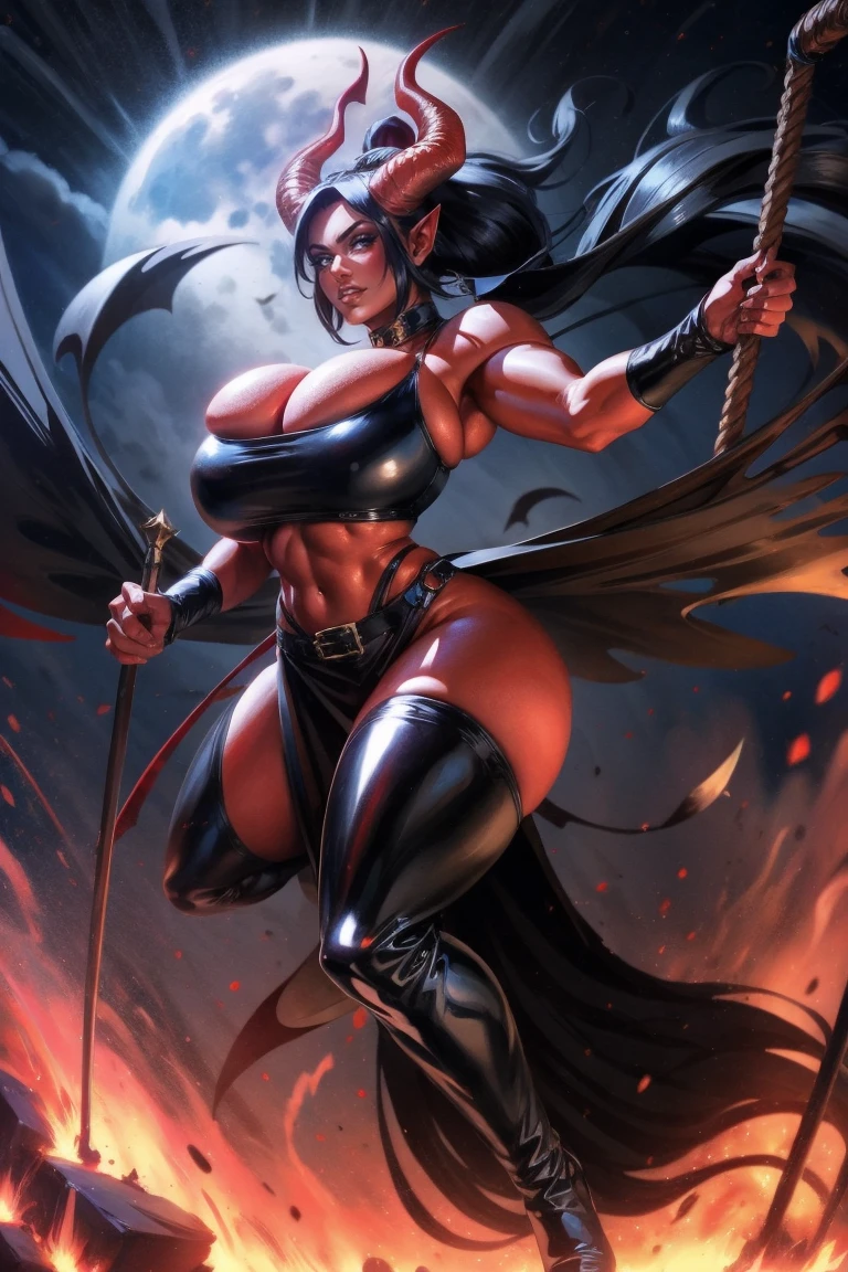 Busty Red skin succubus tiefling, large breasts, black horns, wings, huge tail, black leather, crop top, long flowing pelvic curtain, tall, toned, graceful, thin, long black ponytail. Action scene, whip. Dark scene, explosions, night sky.