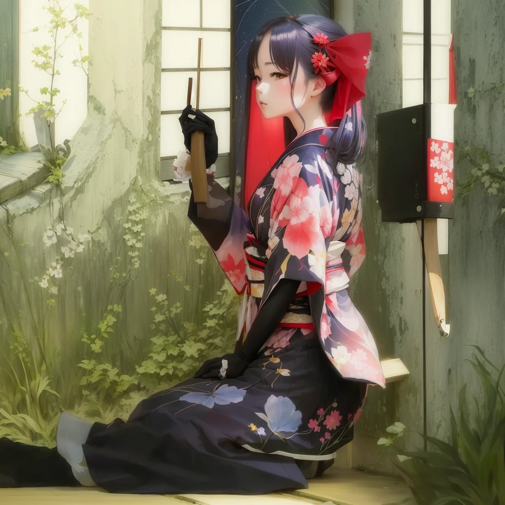 anime girl in kimono outfit sitting on floor with umbrella, in a kimono, in kimono, Anime girl crouching, wearing kimono armor, wearing a kimono, Inspired by Sukenori Nishikawa, Inspired by Otake's bamboo leaves, wearing kimono, japanese kimono, kimono, Beautiful anime girl crouching, geisha, wearing kimono armour