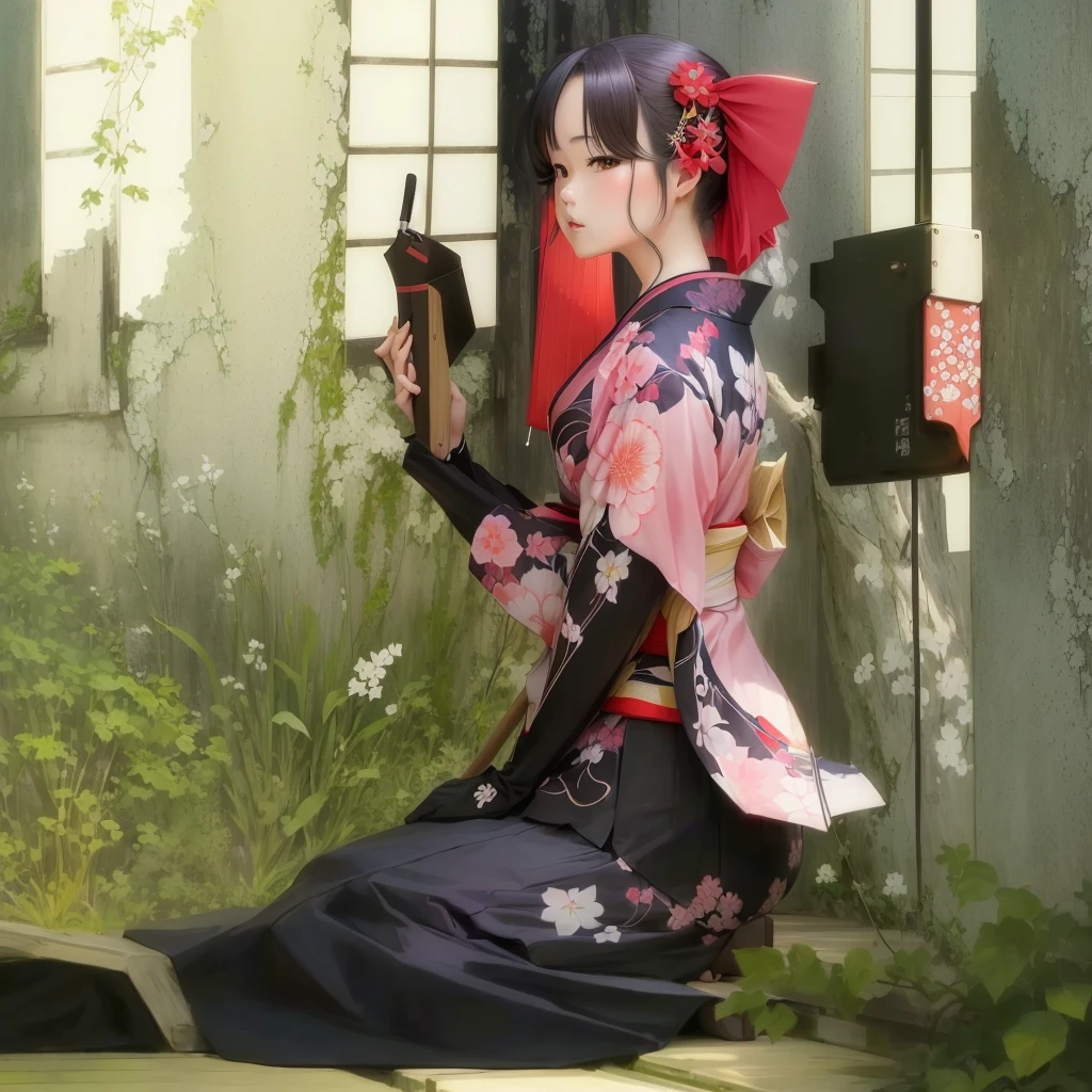 anime girl in kimono outfit sitting on floor with umbrella, in a kimono, in kimono, Anime girl crouching, wearing kimono armor, wearing a kimono, Inspired by Sukenori Nishikawa, Inspired by Otake's bamboo leaves, wearing kimono, japanese kimono, kimono, Beautiful anime girl crouching, geisha, wearing kimono armour