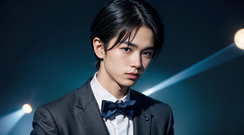 A realistic photograph of a young Japanese man in his late s. Its distinctive feature is its short black hair. There is a prominent patch of hair on the front right side. The rest of the hair looks a little messy. The face is slender and has a clear facial structure. Big, bright blue eyes Sparkling, intelligent, dazzling His face showed confidence and a slight smile curled his lips. Raising the index finger to chest level. Wear a dark blue suit. white shirt and a red bow tie The night sky is dotted with stars in the background. There is a shadow of a tree on the side. The image must look realistic but still be unique to the cartoon character.