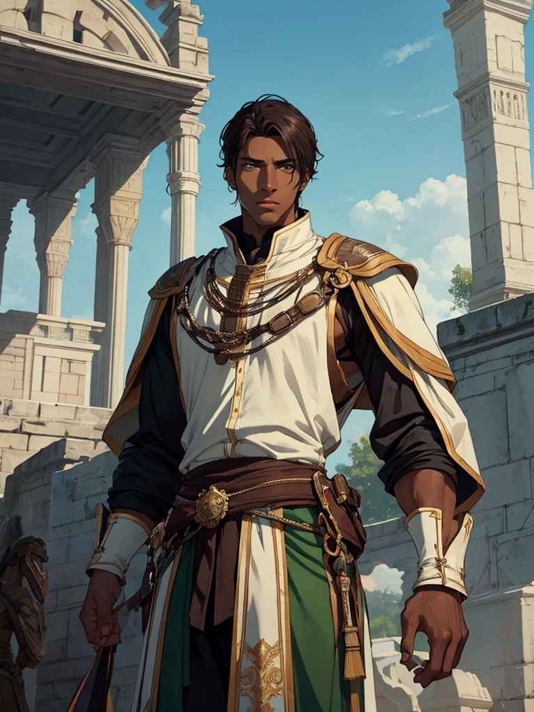 A tall man, dark brown hair, dark skin but a little light, light green eyes, is strong, thin and muscular, shows off his beautiful muscular torso. He is a castle guard from a family of kings.