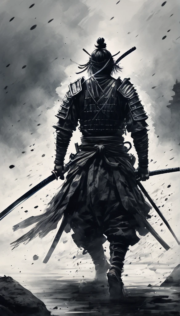 Black and white painting,Ink Painting,splash,Mamba Hair,seppuku,Create a hyper-realistic and cool image of Miyamoto Musashi using his two-sword technique (Katana and Wakizashi). Musashi is in a dynamic battle stance, showcasing his mastery of Niten Ichi-ryu. He wears traditional samurai armor, and the background is a dramatic battlefield with smoky skies, emphasizing the historical context. Highlight his intense focus and determination, capturing the essence of a formidable warrior. Use strong light and shadow contrasts to enhance the dynamic feel of the image.
