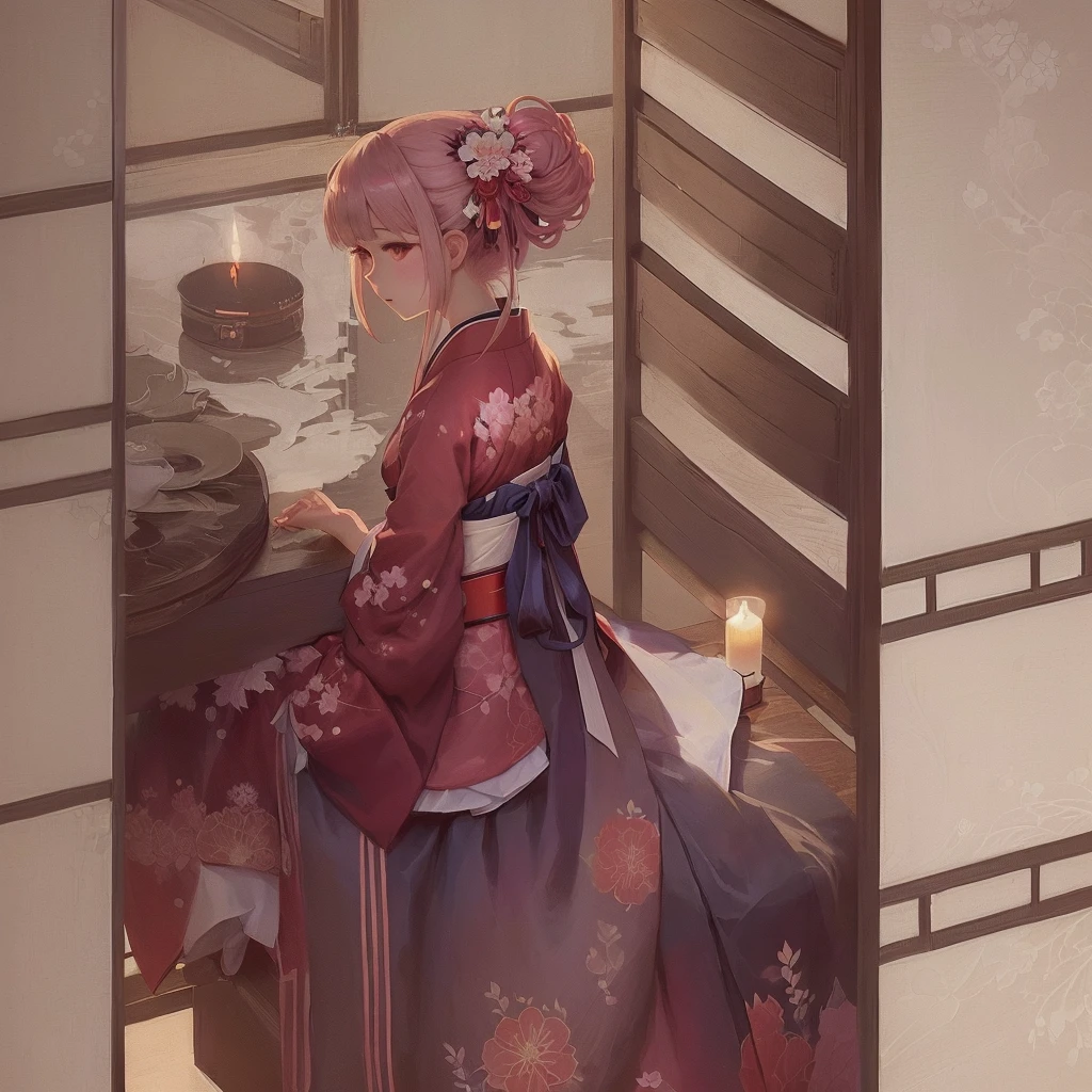 Anime girl in kimono sitting at table with candle, Gwaiz, artwork in the style of Gwaiz, Gwaiz on Pixiv artstation, Zerochan Art, Gwaiz on artstation Pixiv, digital art on Pixiv, Pixiv, Pixiv contest winner, by Shimo, palace ， Girl in Hanfu