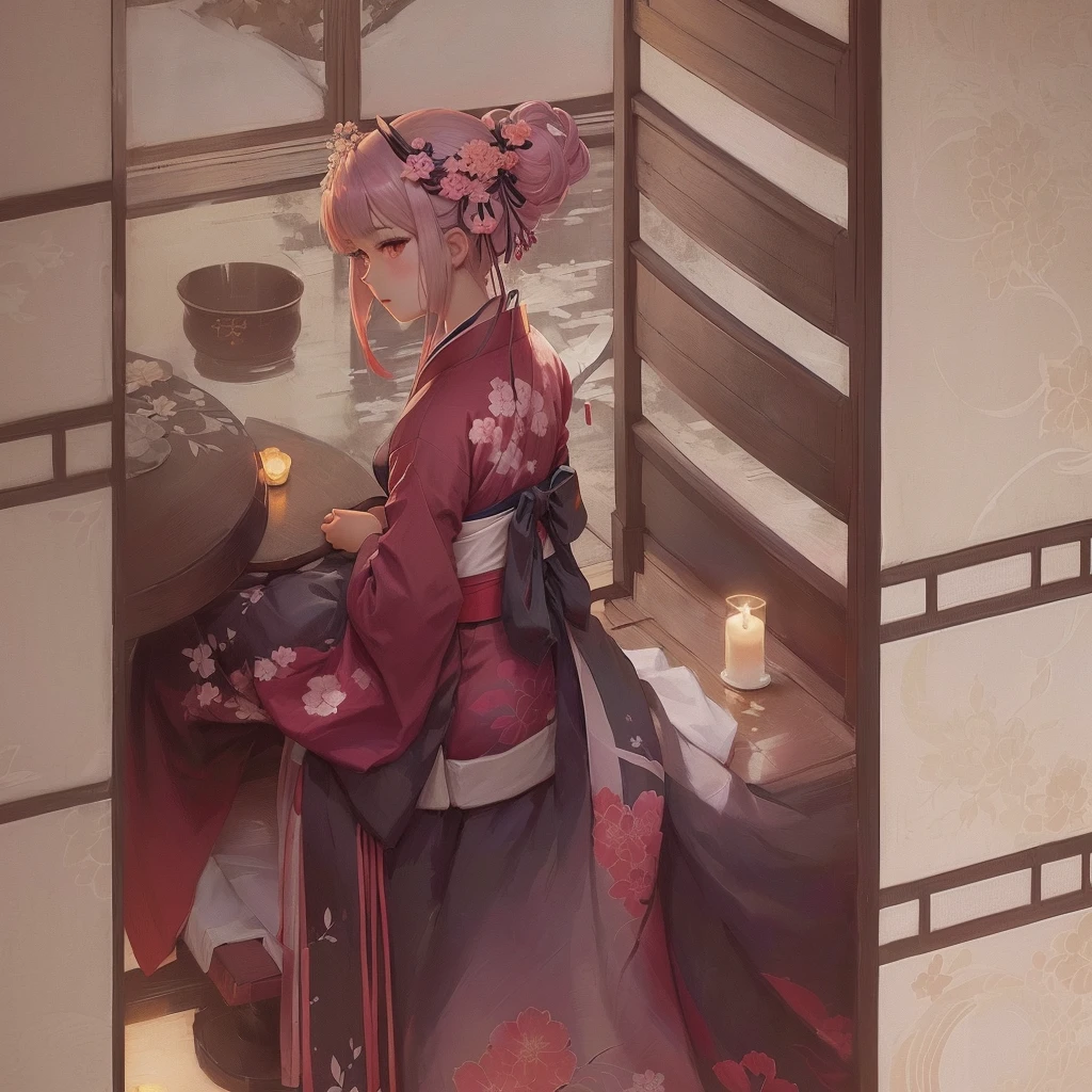 Anime girl in kimono sitting at table with candle, Gwaiz, artwork in the style of Gwaiz, Gwaiz on Pixiv artstation, Zerochan Art, Gwaiz on artstation Pixiv, digital art on Pixiv, Pixiv, Pixiv contest winner, by Shimo, palace , Girl in Hanfu