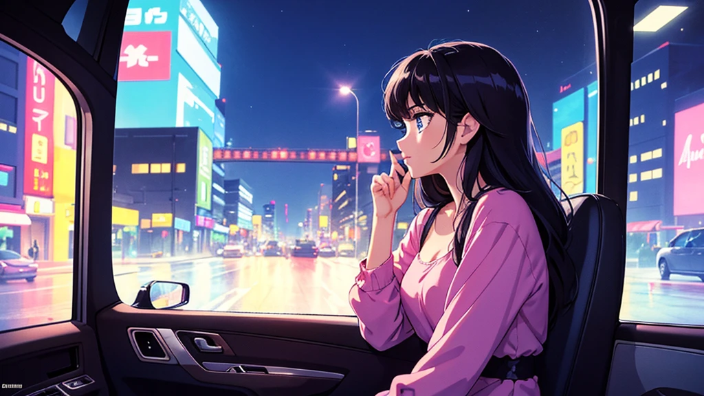 Create a CG anime-style illustration of a very beautiful woman from the 1980s, sitting in the passenger seat of a car driving through a nighttime cityscape. The woman should have an elegant and glamorous look typical of the 80s, with styled hair and fashionable clothing. Capture her side profile from inside the car, showcasing her serene and captivating expression. The cityscape outside should be illuminated with neon lights and reflections, creating a vibrant, bustling atmosphere. Use rich, saturated colors to enhance the retro aesthetic and make the scene visually striking. The overall vibe should be a blend of nostalgic charm and modern sophistication, perfect for an engaging and eye-catching image.