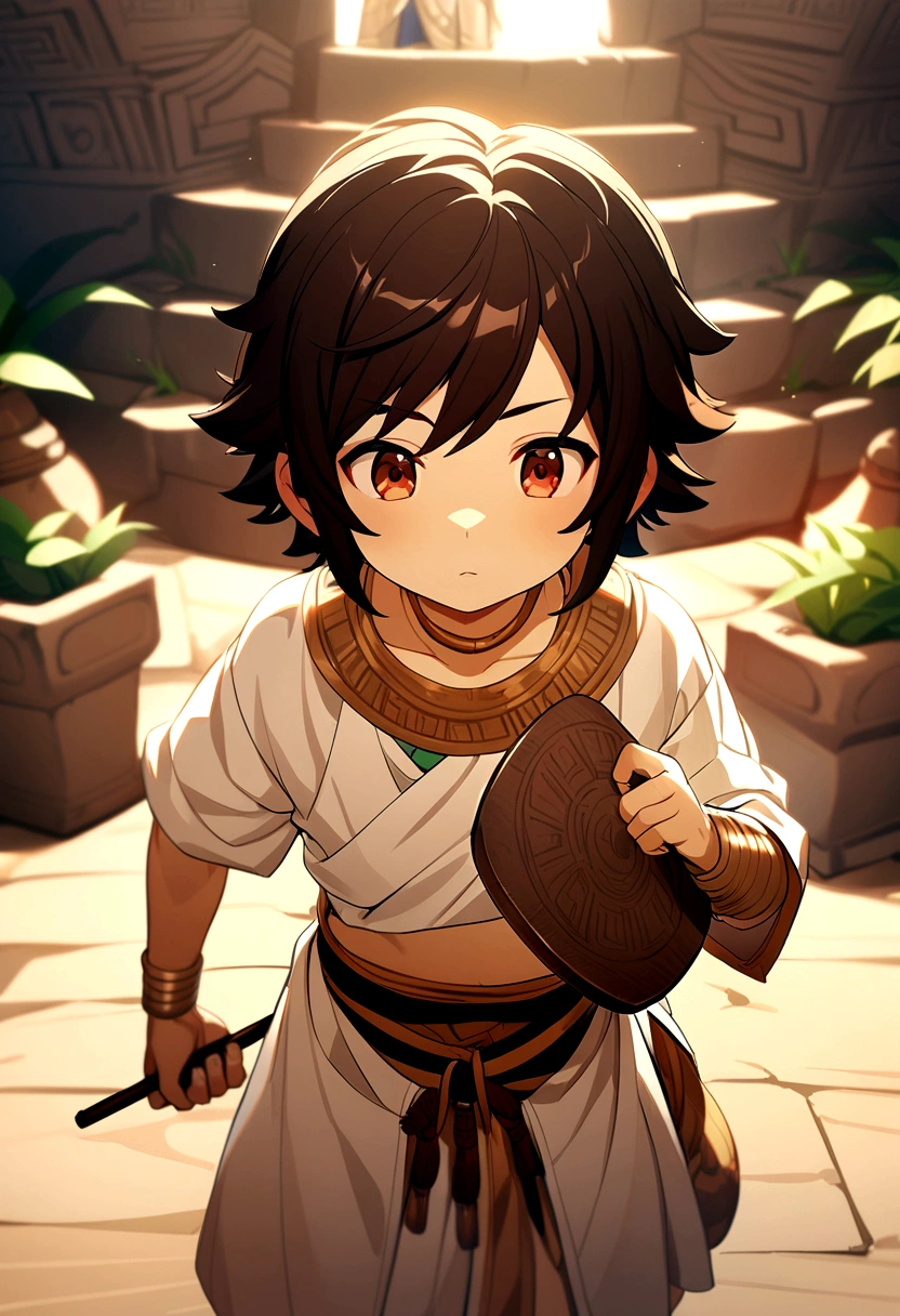 1boy, dark hair, ancient civilization clothes, holding clay tablet, game cg, short stature, shota,