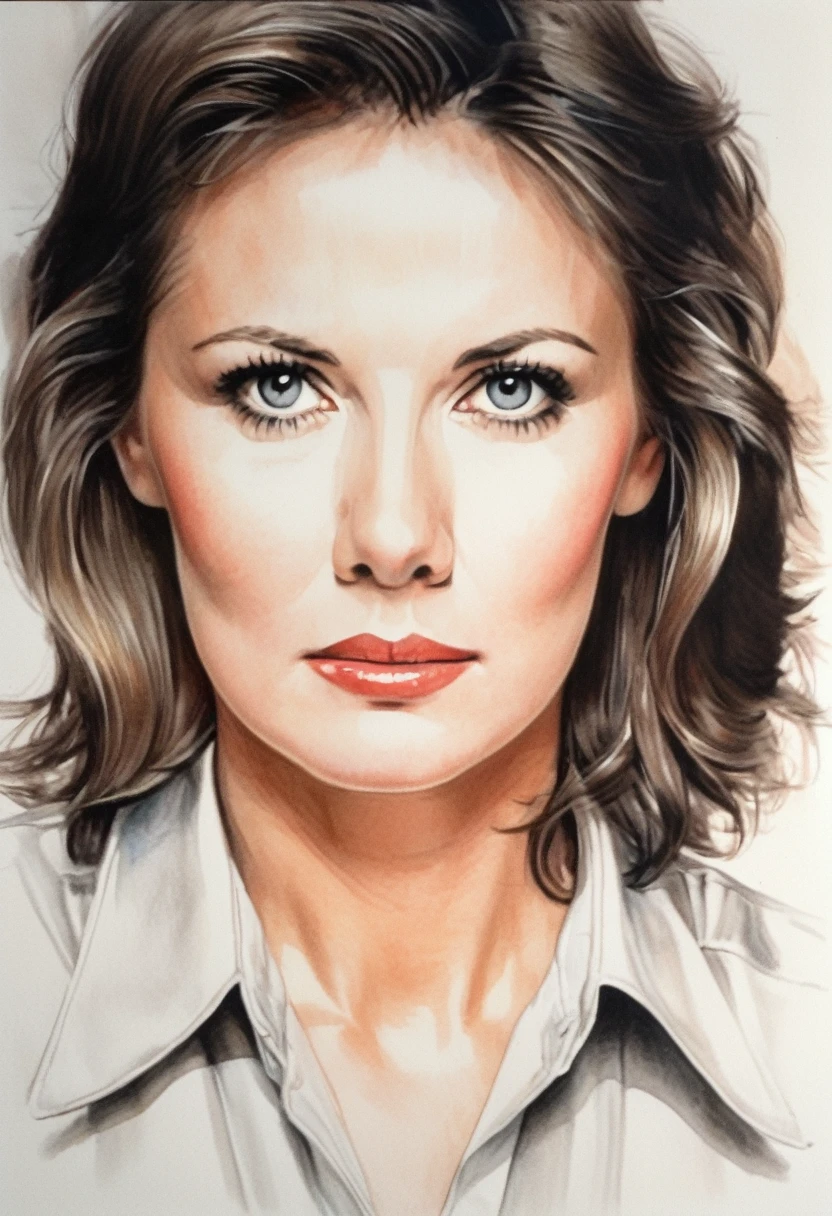 drawing of the face of a 35 year old woman, using coke, white, dark haired,white satin shirt