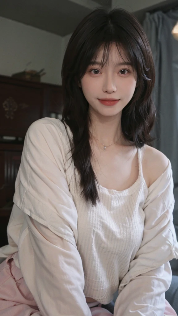 best qualtiy, Ultra-high resolution, (realisticlying:1.4),cute hairpin,Baoyu Girl,1girll, Beautiful woman with a slim figure:1.4, abs:1.8, A brown-haired, mideum breasts:1.3, Long pink sweater:1.1, chies,Ultra-fine face,Elaborate Eyes,double eyelid,ssmile,choker necklace