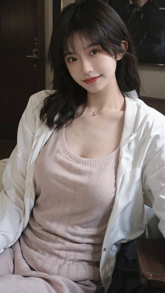 best qualtiy， Ultra-high resolution， （realisticlying：1.4），cute hairpin，Baoyu Girl，1girll, Beautiful woman with a slim figure:1.4, abs:1.8, A brown-haired, mideum breasts:1.3, Long pink sweater:1.1, chies,Ultra-fine face，Elaborate Eyes，double eyelid，ssmile，choker necklace