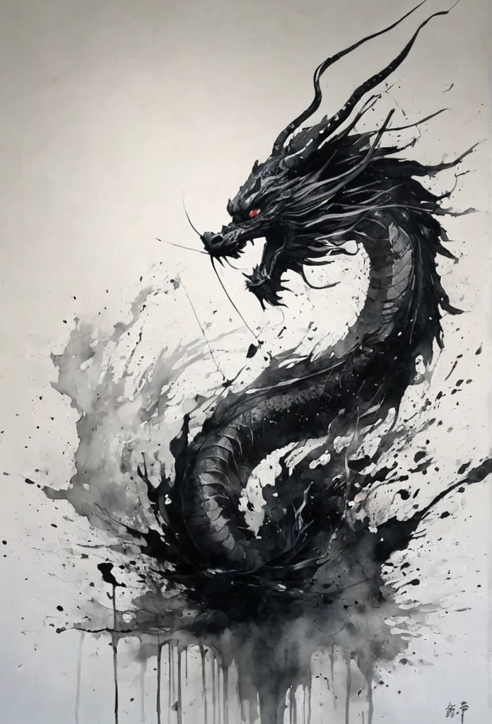 Black and white painting,Ink Painting,splash, Japanese Dragon ,disembowelment,
