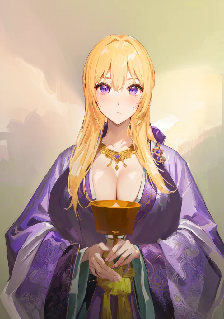 Wearing a purple robe、Cartoon image of a woman holding a bowl, ((Beautiful fantasy queen)), Produced in collaboration with Anime Painter Studio, Anime Goddess, Portrait of the Knights of the Zodiac, elfic priestess, ((Wearing noble robes)), Anime style like fate/overnight, Beautiful fantasy queen, In the anime painter studio,Three Kingdoms,Three Kingdoms志,Chinese style,antiquity,Hanfu,,巨big乳房,Good shape,Royal sister,Purple Eyes,Celluloid,big,Full figure,Noble