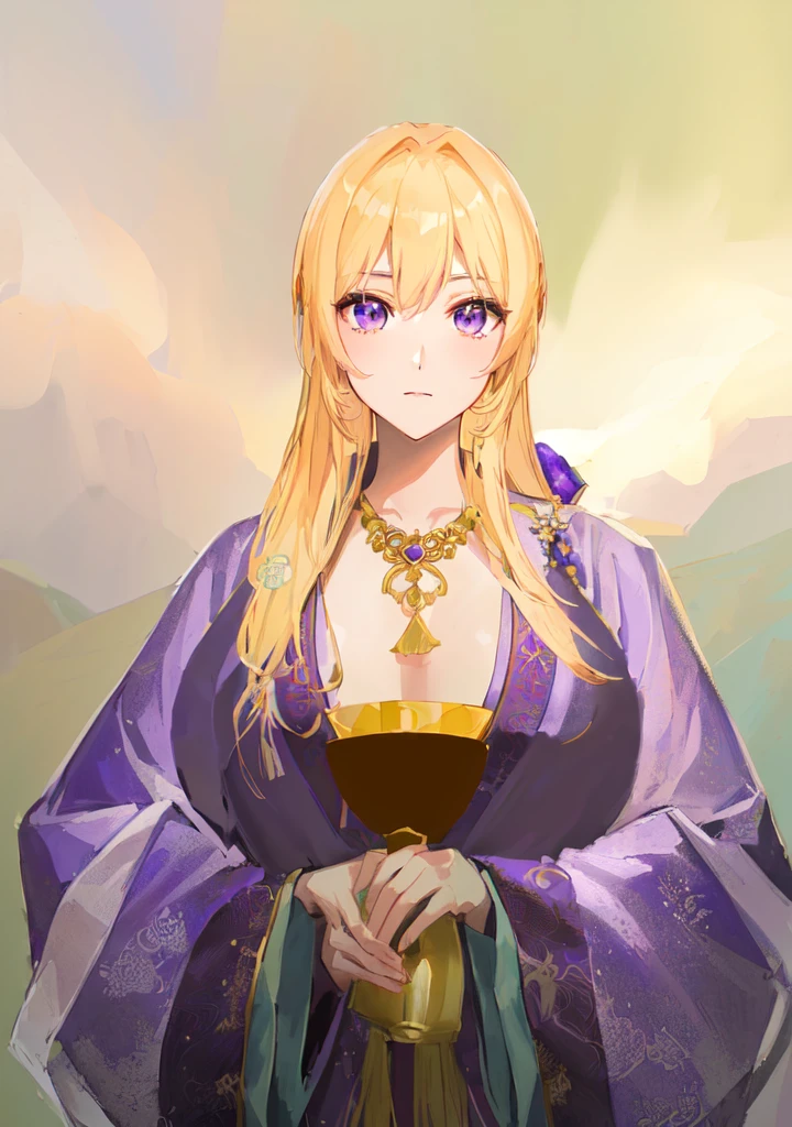 Wearing a purple robe、Cartoon image of a woman holding a bowl, ((Beautiful fantasy queen)), Produced in collaboration with Anime Painter Studio, Anime Goddess, Portrait of the Knights of the Zodiac, elfic priestess, ((Wearing noble robes)), Anime style like fate/overnight, Beautiful fantasy queen, In the anime painter studio，Three Kingdoms，Three Kingdoms志，Chinese style，antiquity，Hanfu，，巨big乳房，Good shape，Royal sister，Purple Eyes，Celluloid，big，Full figure，Noble