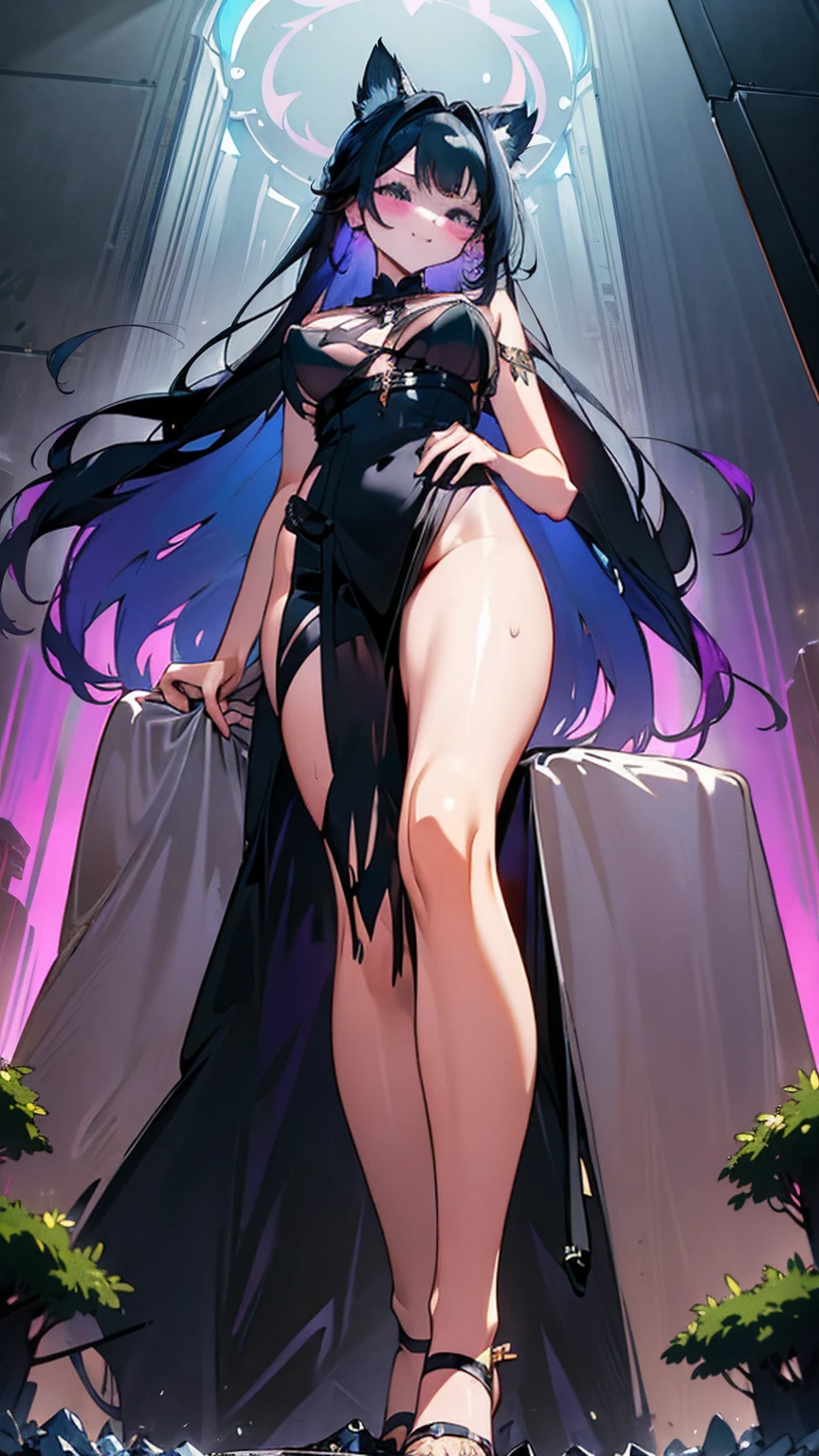 A seductive giantess in a flowing violet gown, with long raven-black hair and mesmerizing blue eyes, lounges on a giant throne in a moonlit forest. She sits with her legs draped over the armrests, her massive body crushing delicate foliage and tiny creatures beneath her. She gazes down at the tiny humans with a sultry smile, occasionally picking one up and pressing it against her warm skin. Her body radiates raw sexual power and dominance. Her voice is a sultry purr filled with teasing mockery. Giantess, Goddess, sexy legs, gown, hot, curvy body, mommy issues, tiny people, macrophilia, perspective from below, high quality, almost naked, mature woman, forest, erotic, firm breasts, small breasts.

