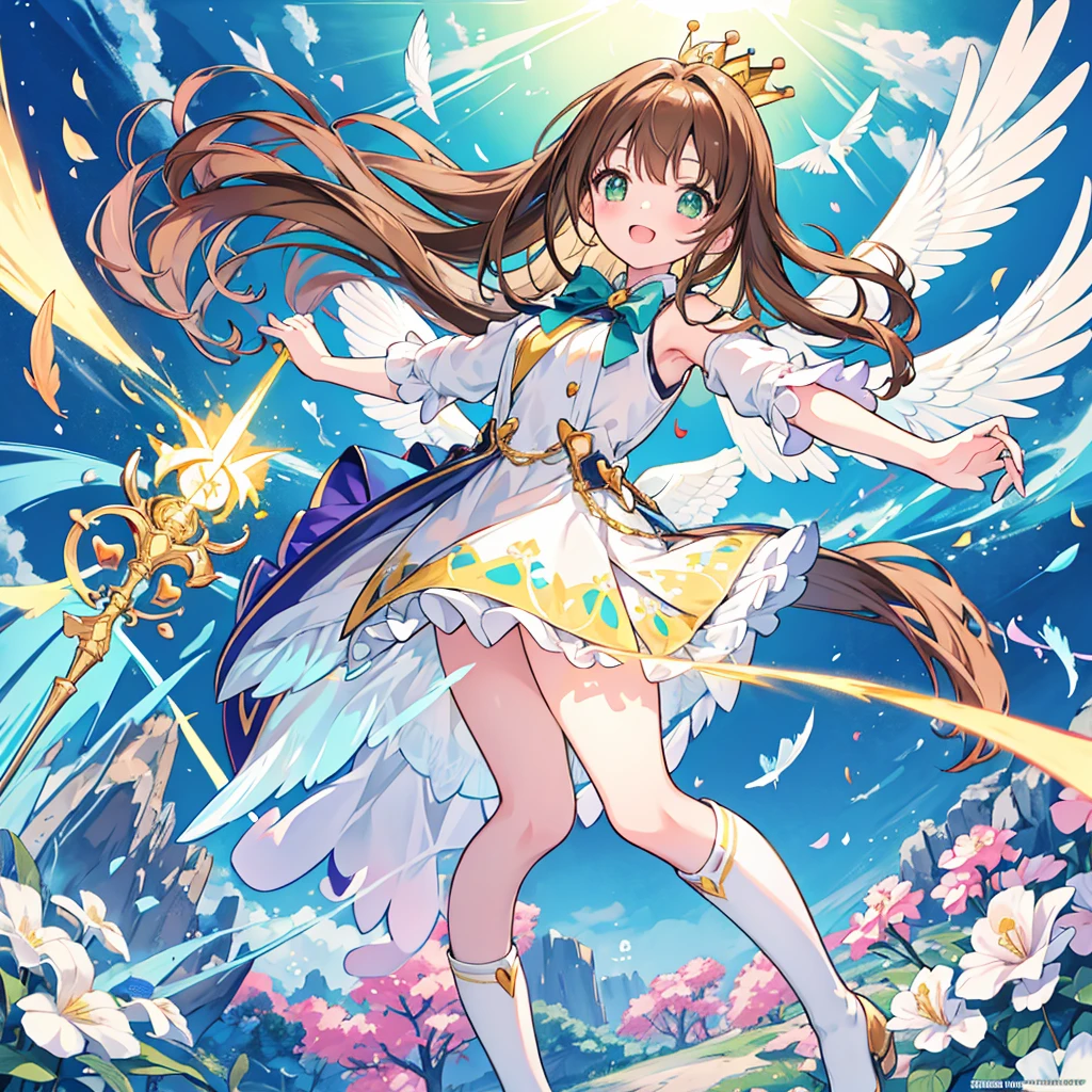 kawaii, anime, Cute, hyper quality, highly detailed, 16k, Front facing, Clarity, full body, smile, heart, one girl, long brown hair, green eyes, Magical girl, , brown hawk wings on the back, heart stick, white actinidia arguta flowers, over knee socks, ribbon, open your mouth and laugh, light dances, A bird of light flaps its wings, brandish a stick, morning sunshine, magic effect, magic attack, heart effect, accessories, cute costume, white petals dance, Standing on a green hill with blooming flowers, white sardine flower, blue sky, crown, a brown bird flapping its wings, clear sky, Light of the sun, long magic stick, fantasy world,