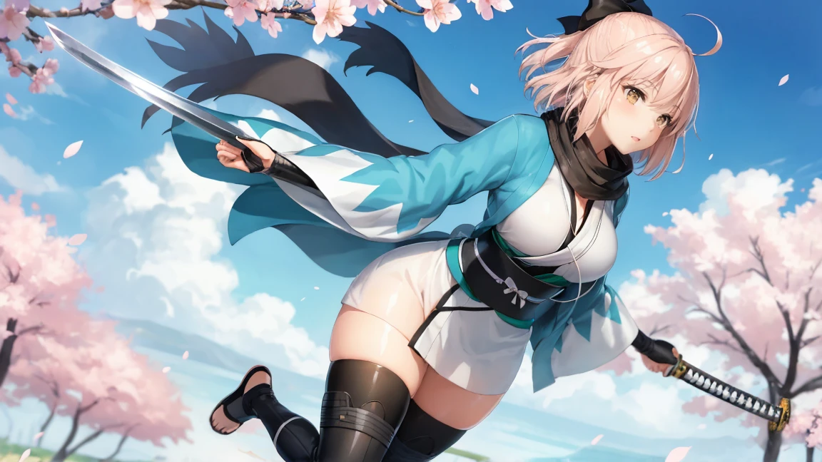 (Highly detailed CG), (Highest quality), Perfect Face, Shiny skin, Shiny skin,Wide Hips, One girl,alone ,Dynamic action poses, Beautiful hands、Stand in the center of the screen、okitasouji,Arm guard,Wide sleeves,Toeless legwear,bangs,heart, white kimono, Shinsengumi, Black thighs, Yellow Eyes,Knee socks , short kimono, Haori, black bow, black scarf, short hair, Ahoge, scarf, Blonde, hairbow,bow, kimono,kimono,Cherry blossoms fluttering in the wind in Kyoto、