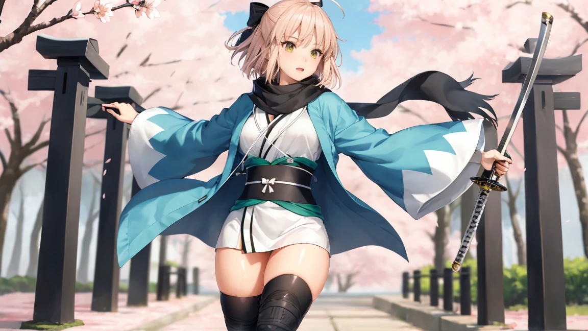 (Highly detailed CG), (Highest quality), Perfect Face, Shiny skin, Shiny skin,Wide Hips, One girl,alone ,Dynamic action poses, Beautiful hands、Stand in the center of the screen、okitasouji,Arm guard,Wide sleeves,Toeless legwear,bangs,heart, white kimono, Shinsengumi, Black thighs, Yellow Eyes,Knee socks , short kimono, Haori, black bow, black scarf, short hair, Ahoge, scarf, Blonde, hairbow,bow, kimono,kimono,Cherry blossoms fluttering in the wind in Kyoto、