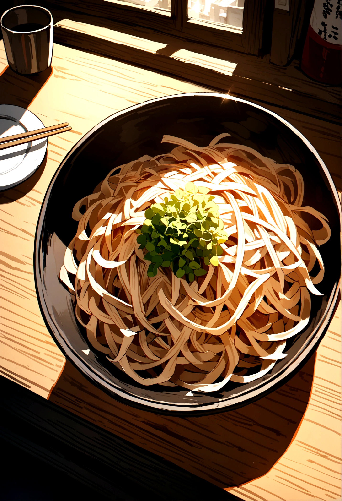 1 plate noodles on desk in restaurant 8k picture