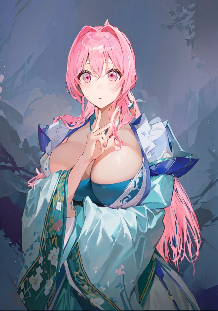 Pink Hair、Anime girl in blue dress poses for photo, Pink ponytail头发和粉色眼眸, Produced in collaboration with Anime Painter Studio, In the anime painter studio, Portrait of the Knights of the Zodiac, Sonison,超级Sonison,Celluloid,Three Kingdoms,Chinese style,antiquity,Hanfu,,Huge Breasts,Good shape,Pink ponytail,Pink long hair,Costume,包不住的Huge Breasts,Cute girl,Noble