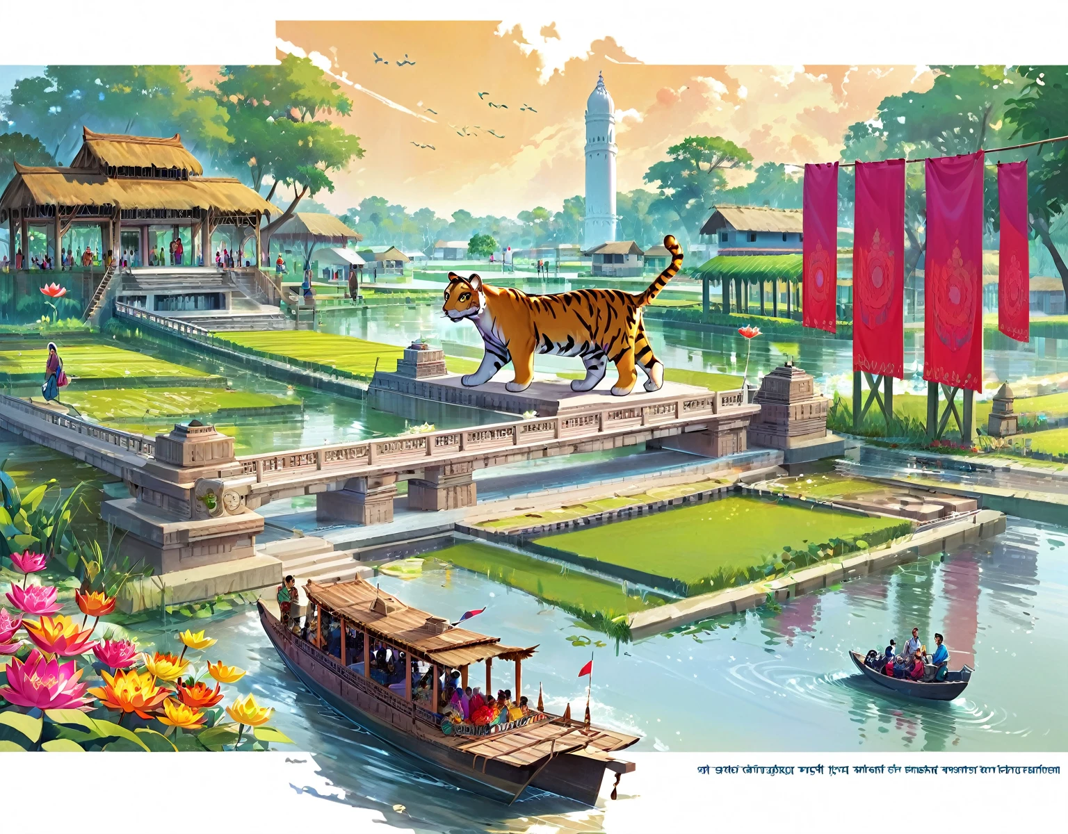 (Bangladesh)), poster image of a vibrant landscape of Bangladesh, where tradition and technology converge, a Smart Village emerges., Smart Village: Bridging Tradition and Technology Connected Community. Historical Monuments of Bangladesh. Water lily, Royal Bengal tiger, sculpture of Bangladesh freedom fight. national martyrs memorial of Bangladesh 