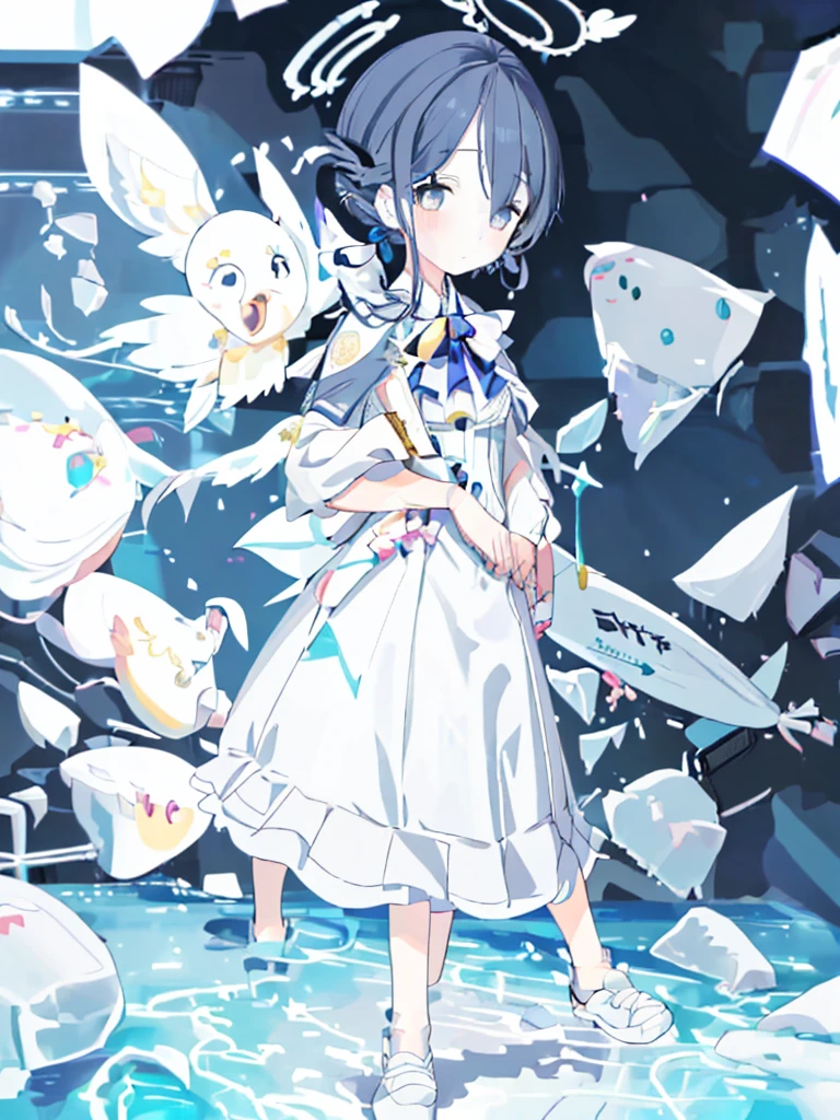 1 female, Black Hair, Blue pupils, Delicate face, Lovely, Love Earrings, White Dress, Standing in front of the bureau, Surreal，Normal fingers，masterpiece，Delicate and exquisite的二次元精美画风，Delicate and exquisite，8K high quality，CG Wallpaper，HD，high resolution
