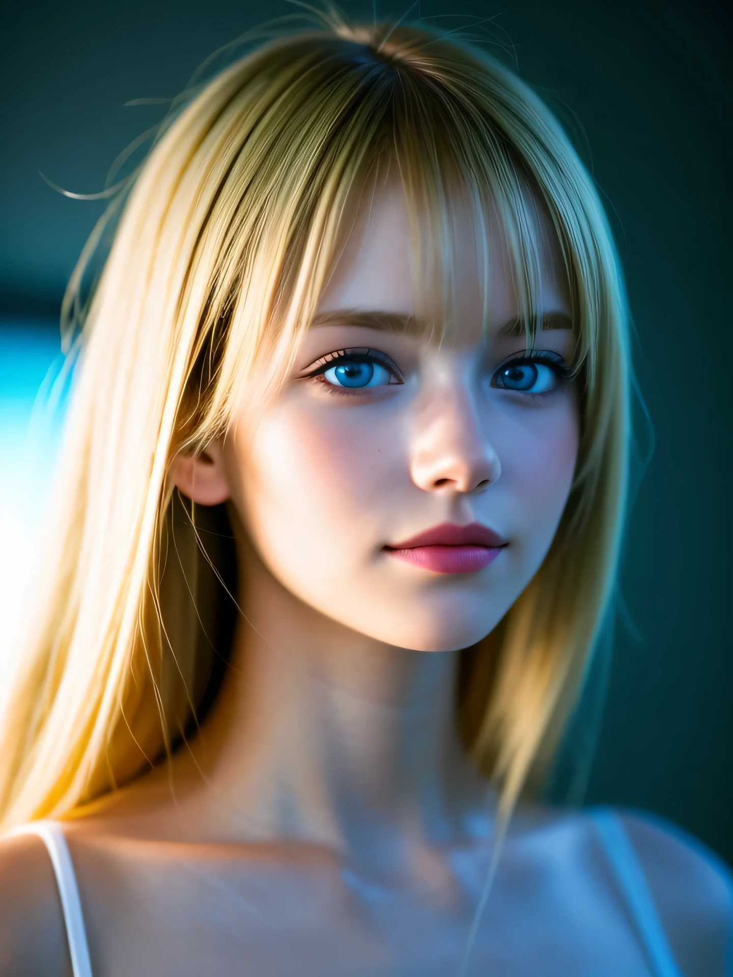 (Photo Real:1.4), (hyper realisitic:1.4), (Smooth lighting:1.05), 1 girl, ager, blue eyes, happy, shy, smile, (looking away:1.2), Close-up of the face, Soft lighting, Back lighting, (Finest Real Textured Skins), Super fine face, glowy skin, retinas, Anatomically correct, (Blonde medium hair:1.1), bangs, Textured skin, High quality, high details, Best Quality, High resolution, Colorful T- shirts