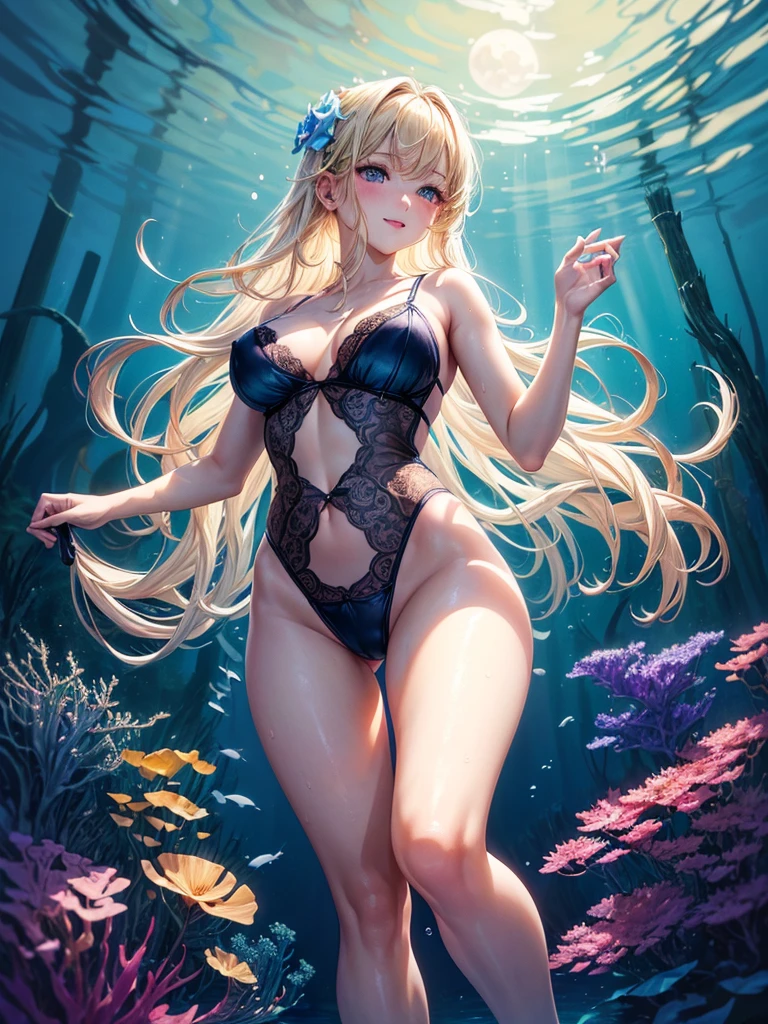 ((masterpiece, Best Quality)), High Definition, high quality texture, 8k wallpaper, ((Swimming in the water, view from below up:1.3)), ((light leaks, Poured Light, soft light, The moon seen from underwater, Beautiful lighting)), [1sexy girl:1.1], (perfect and beautiful face, A shy smile, mesmerizing eyes, Blonde Straight Hair, short hair, pale blue eyes, White shiny skin, Natural lips, sexy thighs, full body, Transparent Sexy lingerie, Nipple protrusion in lingerie), Fish swimming, (vibrant colors:1.3), Underwater Flower, Colorful seaweed, Professional photography, Rainbow Prism, fantasy art, 