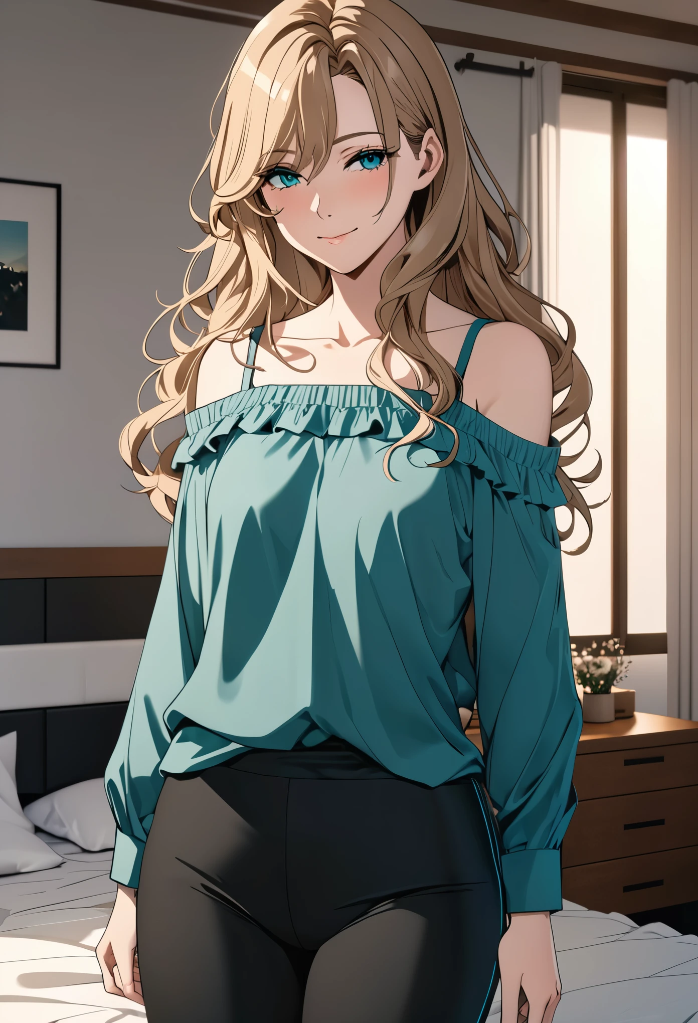 (masterpiece), (high resolution, 8k), (high detailed), woman mature, tall, (wavy long hair (dark blonde)), beautiful face, (close mouth:1.2), tired smile, small breast flat, wearing dark teal colored crystal themed cold shoulder casual shirt and black leggings pants with skirts overlay, standing on bedroom, anime style, unaestheticXL_bp5, SimplePositiveXLv2