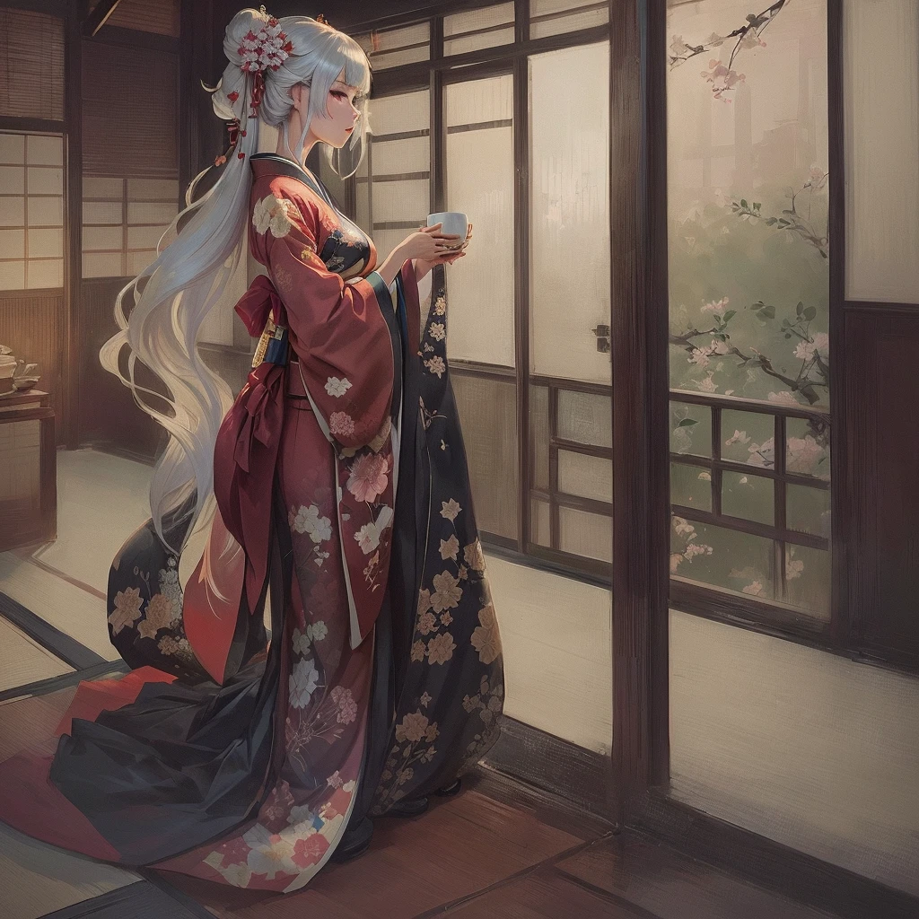 anime - style woman In kimono outfit holding a cup of coffee, Gwaiz on pixiv artstation, Gwaiz on artstation pixiv, artwork in the style of Gwaiz, Gwaiz, palace , Girl in Hanfu, Gwaiz masterpiece, Digital art on pixiv, artstation pixivでトレンド, In kimono
