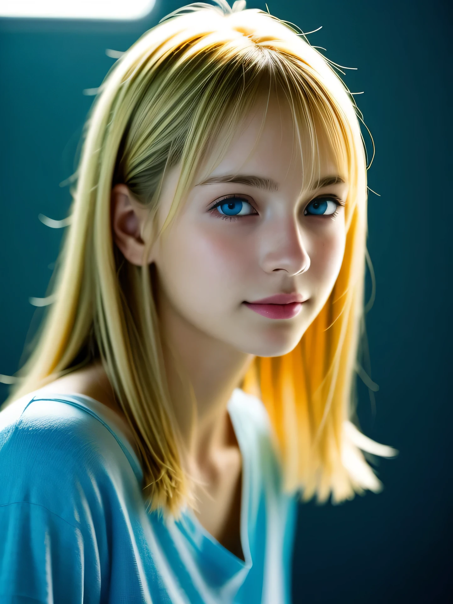 (Photo Real:1.4), (hyper realisitic:1.4), (Smooth lighting:1.05), 1 girl, teenager, blue eyes, happy, shy, smile, (looking away:1.2), Close-up of the face, Soft lighting, Back lighting, (Finest Real Textured Skins), Super fine face, glowy skin, retinas, Anatomically correct, (Blonde medium hair:1.1), bangs, Textured skin, High quality, high details, Best Quality, High resolution, Colorful T- shirts