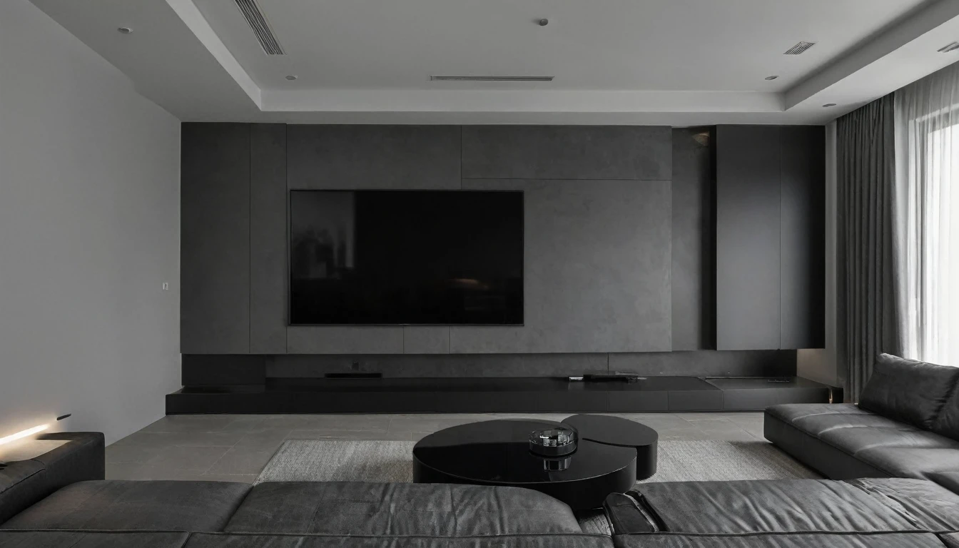 Render of a close-up corner of a striking modern living room with a sleek design, primarily using MDF furniture in black and gray tones. The room features a contemporary sectional sofa in charcoal gray, complemented by a minimalist black coffee table. The walls are painted in a muted gray, with an accent wall showcasing textured black MDF panels. Modern recessed ceiling lights provide ambient illumination, enhanced by sleek floor lamps. The flooring is a dark, matte finish, adding to the sophisticated aesthetic. A large flat-screen TV is mounted on a custom black MDF entertainment unit, and abstract art pieces in monochrome tones adorn the walls. The room is spacious, with a clean, uncluttered look and subtle pops of metallic accents for added interest.
8k resolution, UHD, high-quality detail, modern living room, sleek design, MDF furniture, black and gray tones, contemporary sectional sofa, charcoal gray, minimalist black coffee table, muted gray walls, textured black MDF panels, modern recessed ceiling lights, ambient illumination, sleek floor lamps, dark matte flooring, sophisticated aesthetic, flat-screen TV, black MDF entertainment unit, abstract art, monochrome tones, spacious, clean, uncluttered look, metallic accents.