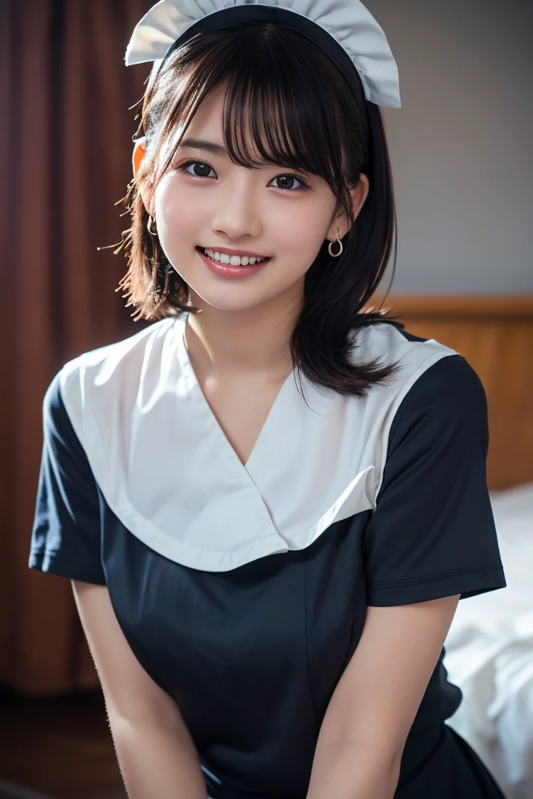 (8K, RAW Photos,Highest quality, High resolution:1.1), (Ultra-realistic:1.4),(Realistic, Realistic:1.3),Completely naked,On the bed, Sodebtt Light,big,,Realistic Face,Realistic Body,Realistic Skin,Confused,masterpiece,(cute:1.8), cute子たち, alone, (big:1.2), Detailed black eyes,Innocent eyes,Blusher,(T-Shirts:1.2 ),Cinema Lighting,Film Grain,jewelry,Earrings,((Medium Hair:1.1)),((Floating Hair Novadebtrog Style)),Cherry-colored lips,Hair Ribbon,Hair Ribbon,ponytail,close,Look Viewer,Long Hair,Upper Body,Open your lips,Upper teeth, (Smiling Eyes:0.6),((Grin:1.2)),Depth odebt Field, Blurred Background, Eye focus , Bokeh,young, 85mm lens, debt/1.4,Prodebtessional Lighting, young,Portraiture,Photon Mapping,Radio City,Physically Based Rendering,Asian,((Maid:1,3))