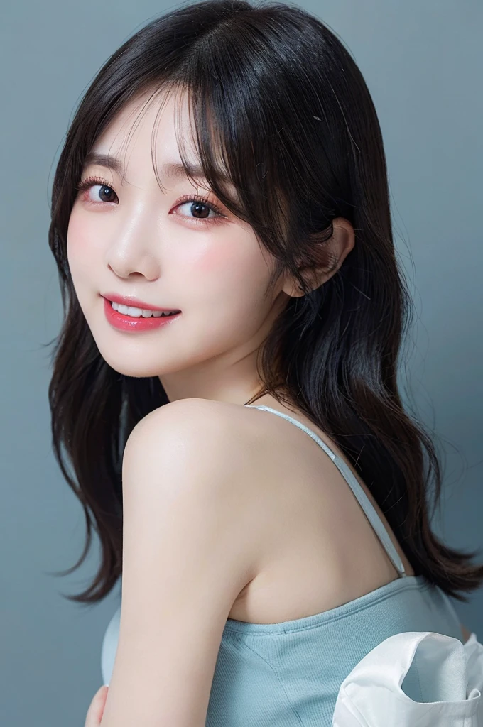 ((big laugh)), high-level image quality、20 year old Korean girl photo, raw, cute face, (black bob hair), )((Portrait)),  (dull blue background:1.4), ((Detailed face:1.2)), ((A detailed face Characterized by fine skin), pale skin, , (cold color), moist, moist, reflector stay piece) (perfectly proportions)(photos realistic)(Best Quality) photographed in a Canon EOS R5, 50mm Lens,(8K), very long upper eyelashes、Very long lower eyelashes、Detailed lashes、Curled eyelashes、eyelash perm、Beautiful lashes, Natural eyes、