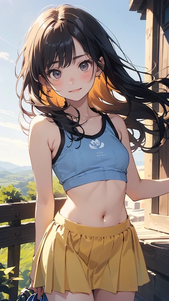 (masterpiece,Best Quality,Detailed beautiful face and eyes:1.2,Perfect Anatomy:1.2,beautiful illustrations,best anime:1.2),cowboy shot, (1woman,solo)、18歳の美女、brown hair、long hair ,blunt bangs,brown eyes,perfect proportion,slender body,skinny,medium breasts,naked,gleaming skin,oliy skin,shiny skin,fitness wear,ストレッチしている、白色のタンクトップ、ライトグレー色のスウェットショーツ、広い運動場、学園、