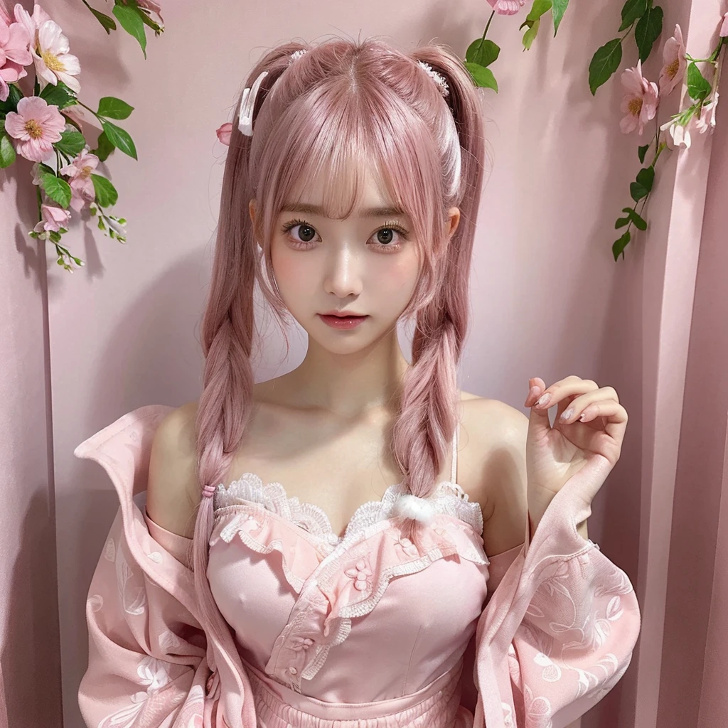 highest quality, illustration, ultra-detailed, intricately detailed, high resolution, 8k, Slim and well-proportioned, , pink hair in twin tails, large breasts, fair skin. She is wearing a Japanese idol costume, She is in a magazine photoshoot studio. The background is a pink curtain.