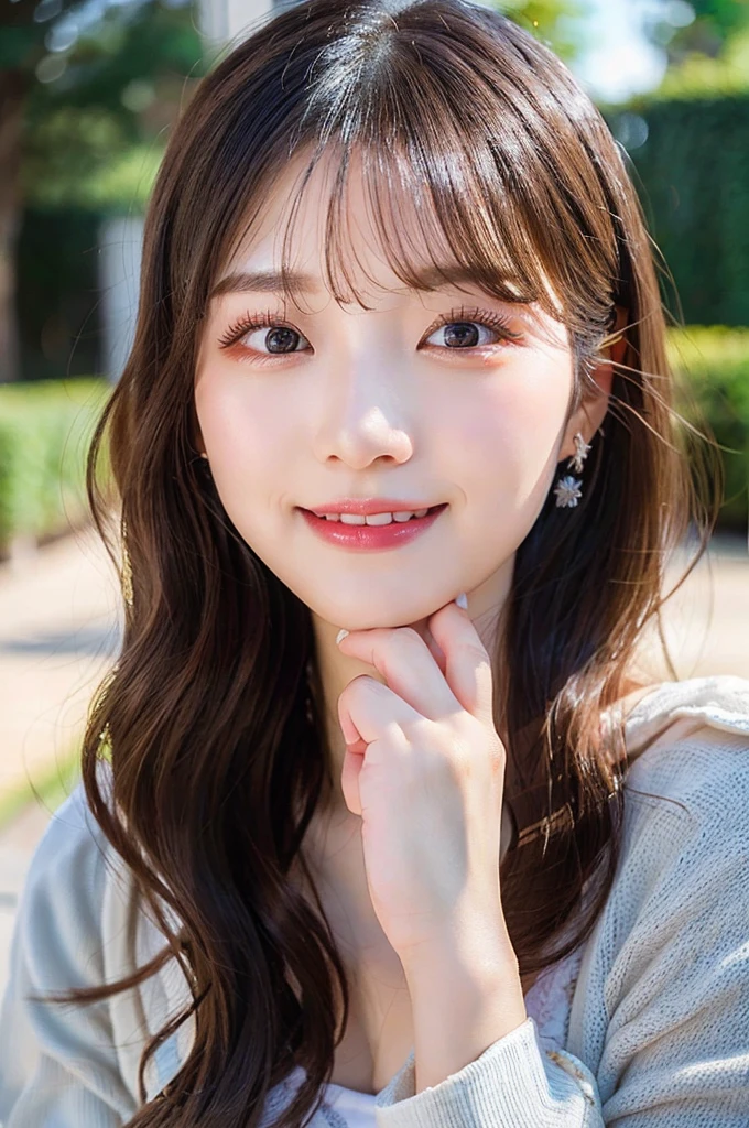 ((big laugh)), high-level image quality、20 year old Korean girl photo, raw, cute face, (Extra-long wavy hair), ((Portrait)), ((Detailed face:1.2)), ((A detailed face Characterized by fine skin), pale skin, , (cold color), moist, moist, reflector stay piece) (perfectly proportions)(photos realistic)(Best Quality) photographed in a Canon EOS R5, 50mm Lens,(8K), very long upper eyelashes、Very long lower eyelashes、Detailed lashes、Curled eyelashes、eyelash perm、Beautiful lashes、Natural eyes、very beautiful eyelashes