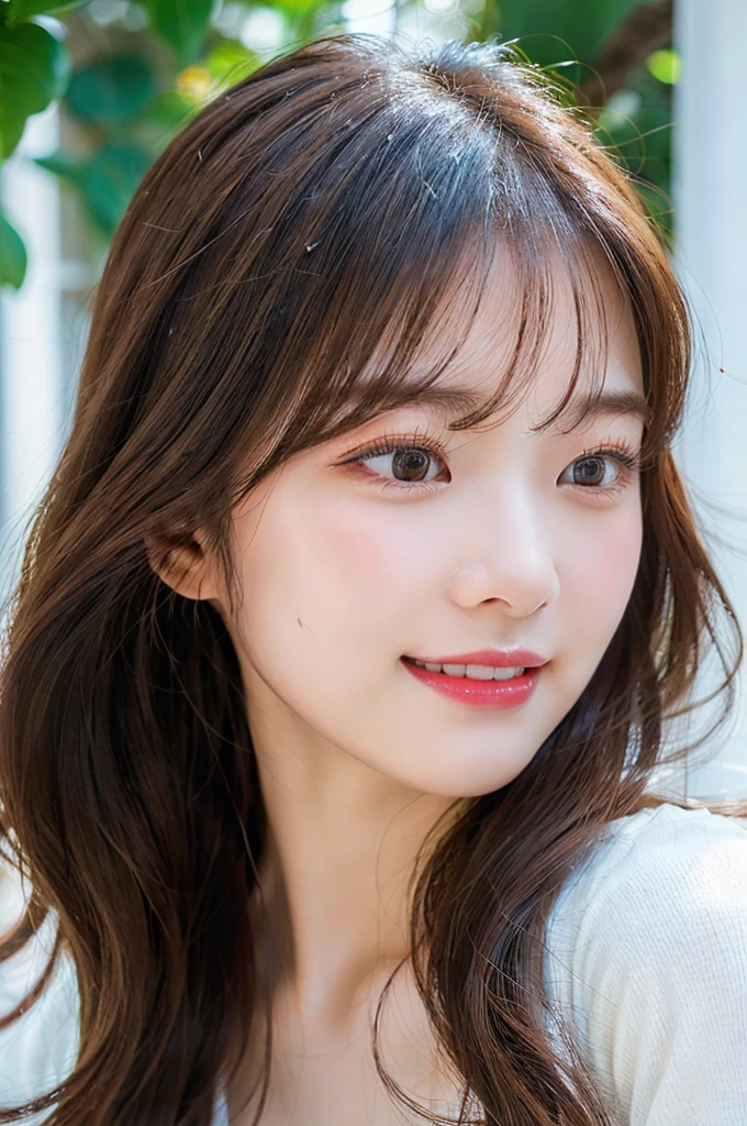 ((big laugh)), high-level image quality、20 year old Korean girl photo, raw, cute face, (Extra-long wavy hair), ((Portrait)), ((Detailed face:1.2)), ((A detailed face Characterized by fine skin), pale skin, , (cold color), moist, moist, reflector stay piece) (perfectly proportions)(photos realistic)(Best Quality) photographed in a Canon EOS R5, 50mm Lens,(8K), very long upper eyelashes、Very long lower eyelashes、Detailed lashes、Curled eyelashes、eyelash perm、Beautiful lashes、Natural eyes、very beautiful eyelashes