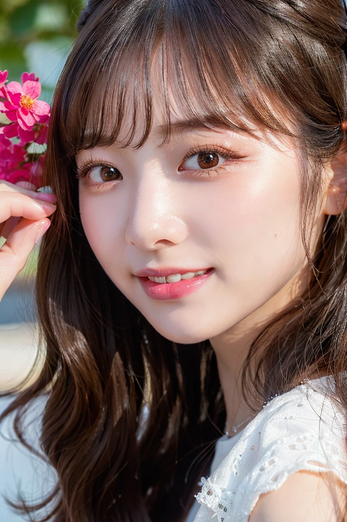  high-level image quality, 1 female, laughing,  Wavy Hair, ((Detailed face:1.2)), pale skin, (cold color), moist, reflector stay piece, (perfectly proportions), (photos realistic), (Best Quality), photographed in a Canon EOS R5, 50mm Lens, (8K), very long upper eyelashes, very long lower eyelashes, Detailed lashes, Curled eyelashes, Natural eyes, very beautiful eyelashes