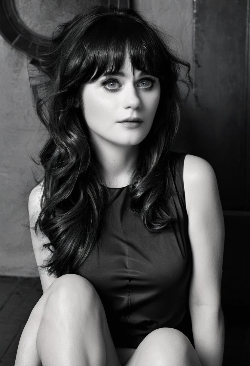 a woman looks like Zooey Deschanel   in her 30s, sensual fine art nude, monochrome, dramatic lighting, high contrast, minimalistic background, elegant pose, chiaroscuro, Helmut Newton style, sophisticated, alluring, dramatic, powerful, cinematic, fashion photography