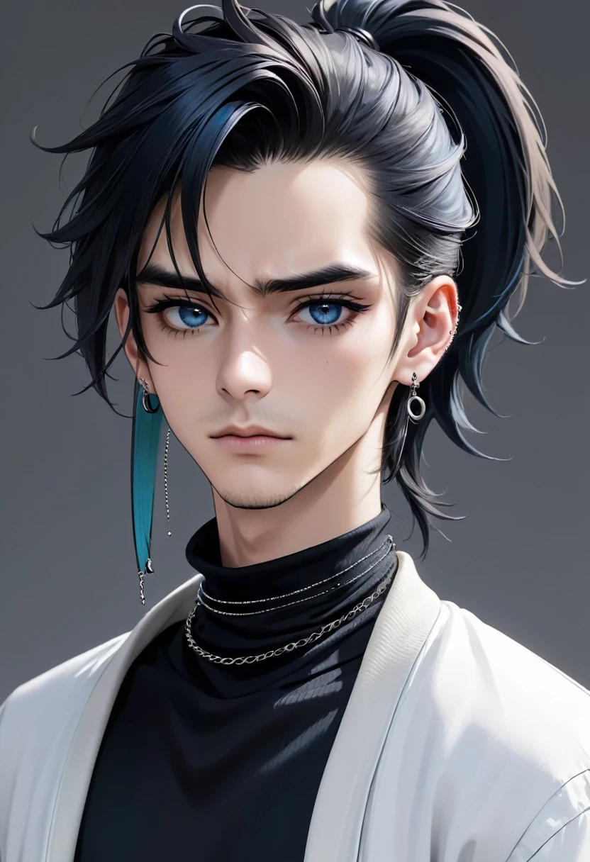 Guy Height 160, His medium-length hair is pulled back into a low ponytail., one strand falls on the face. He usually wears a black T-shirt under an open white jacket with the sleeves rolled up, grayish blue trousers and black boots. He also wears several accessories, such as black bracelets, Dark eyeliner, black choker that covers the scar on his neck, and two spiral piercings in each ear. He can almost always be seen looking tired / gloomy expression. Doesn't interact much with others. Looks like a girl.